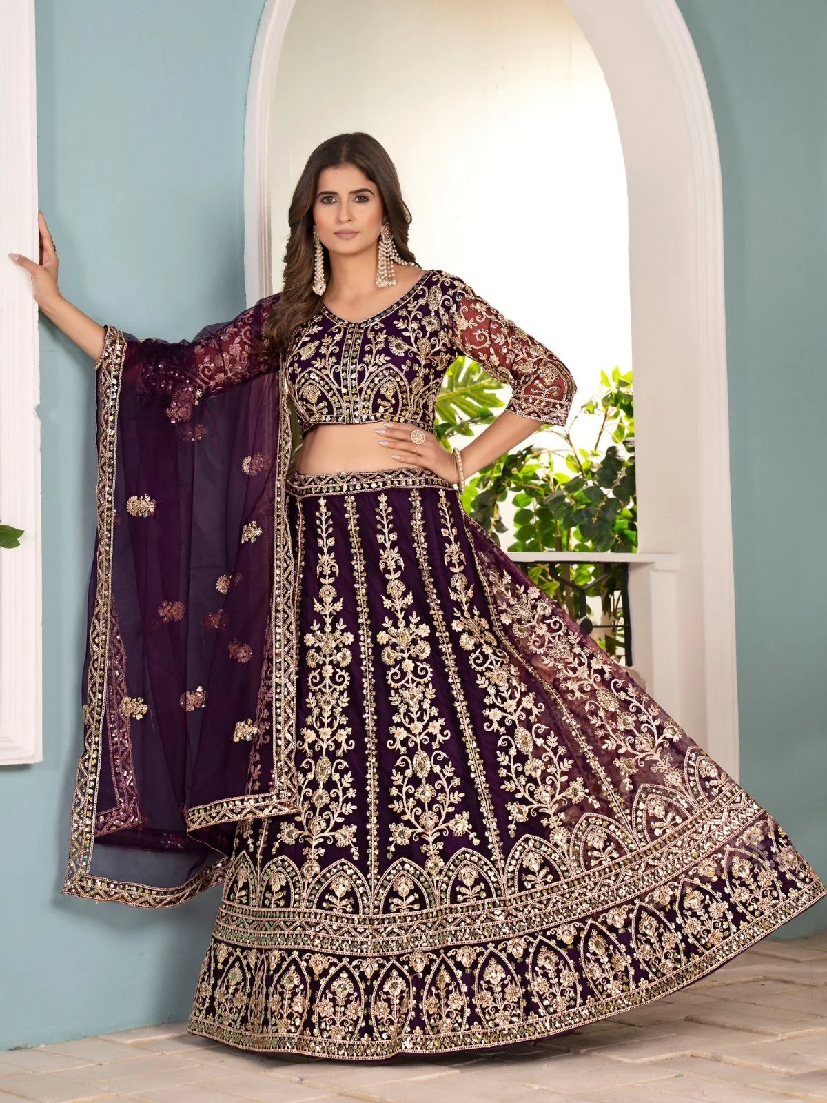 Odette Deep Purple Net Embellished Semi Stitched Lehenga For Women - Image 2