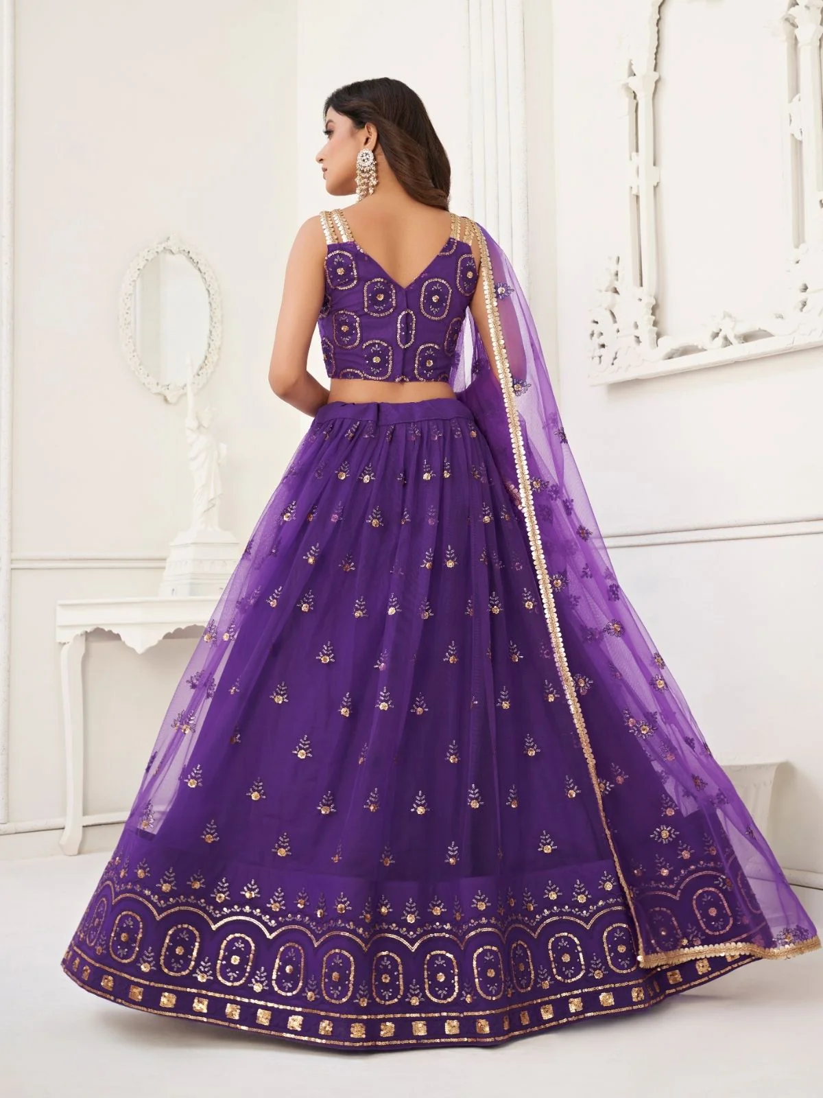 Odette Deep Purple Net Embroidered Semi Stitched Lehenga For Women - Image 3