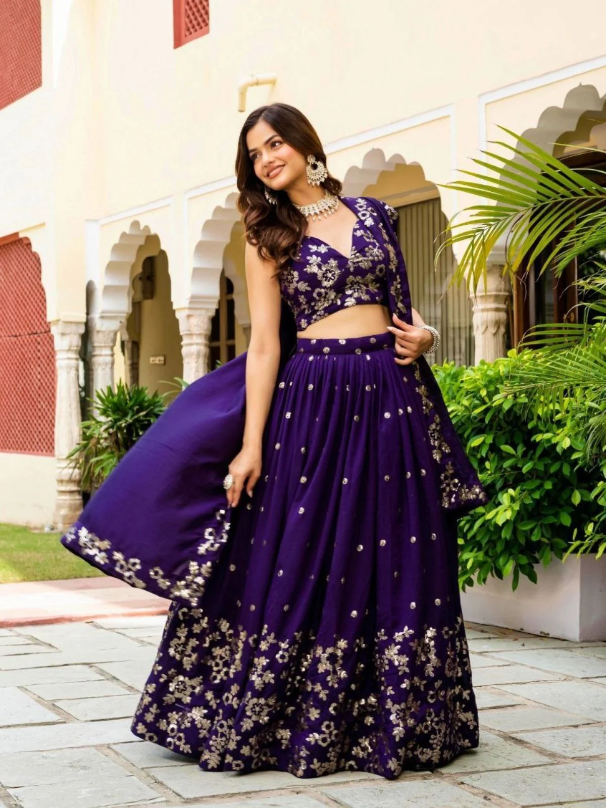 Odette Deep Purple Silk Blend Embellished Semi Stitched Lehenga For Women - Image 3