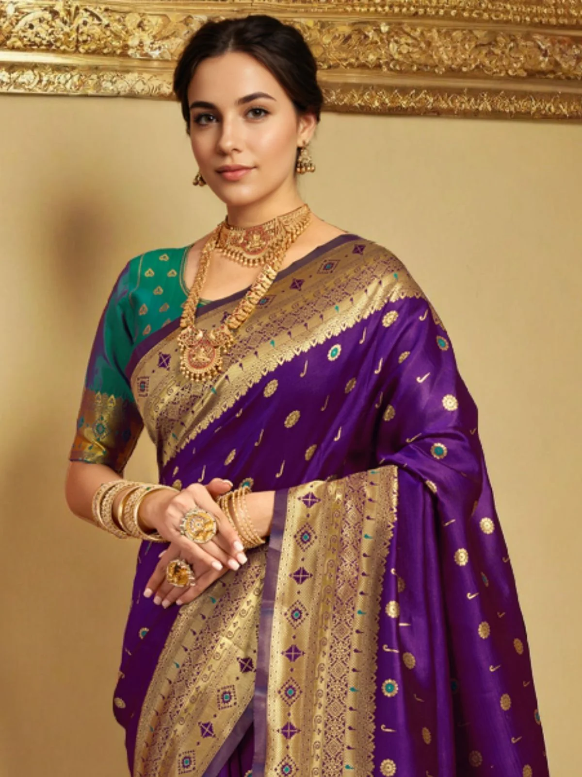Odette Deep Purple Silk Blend Woven Pithani Saree For Women - Image 5