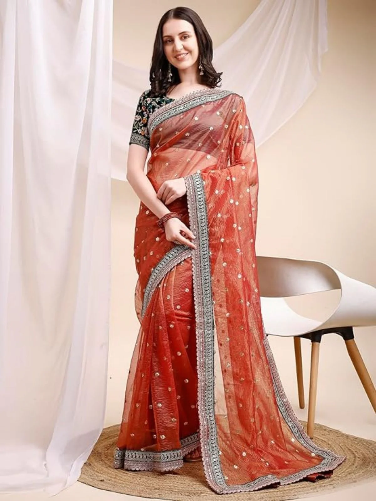 Odette Deep Red Organza Embellished Solid Saree For Women