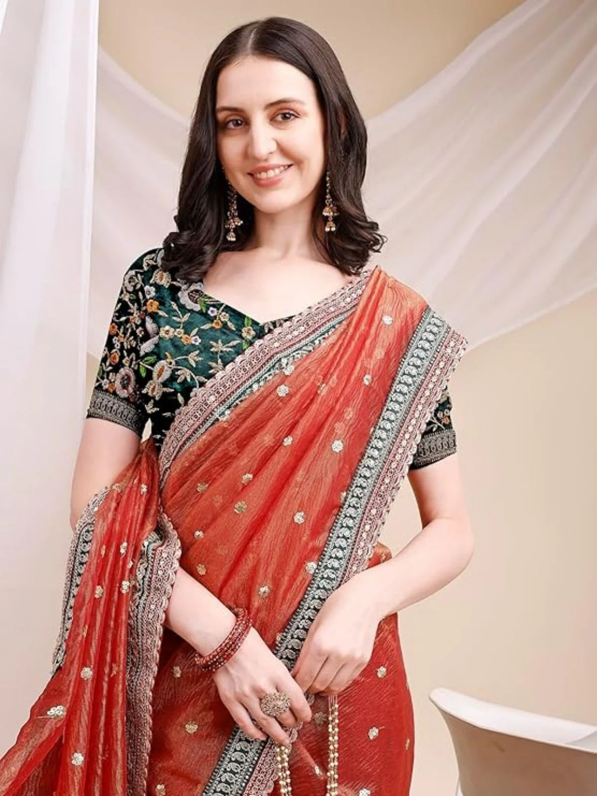 Odette Deep Red Organza Embellished Solid Saree For Women - Image 4