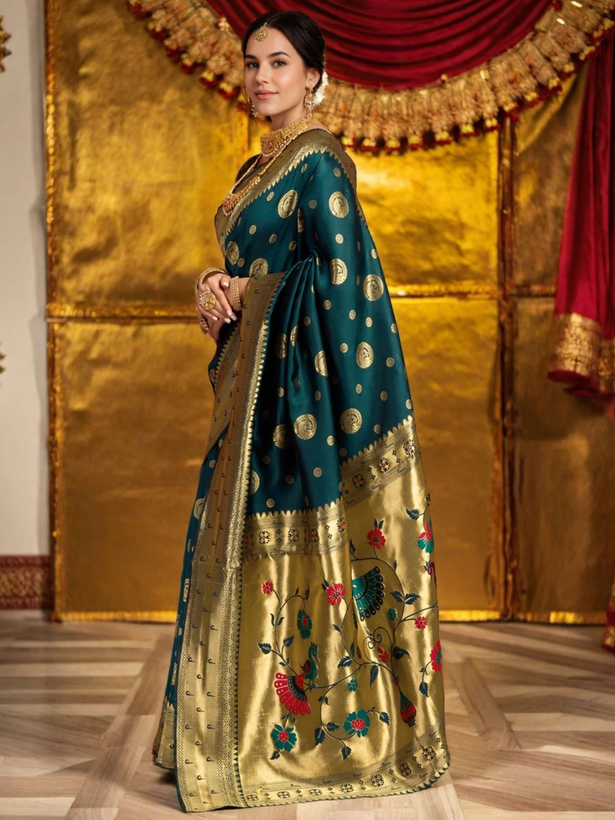 Odette Deep Teal Blue Silk Blend Woven Pithani Saree For Women - Image 2
