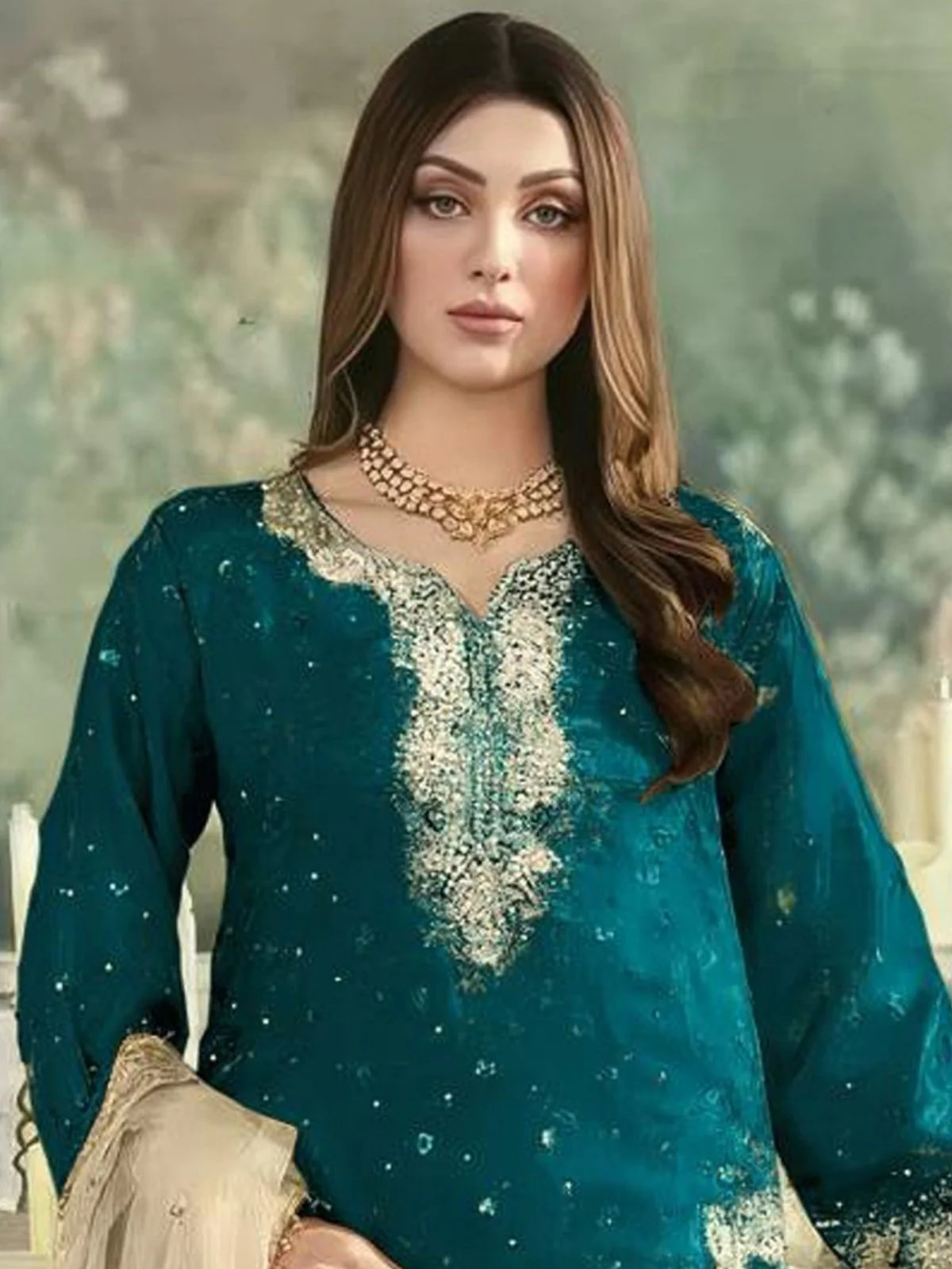 Odette Deep Teal Green Silk Blend Embellished Semi Stitched Kurta Set For Women - Image 2