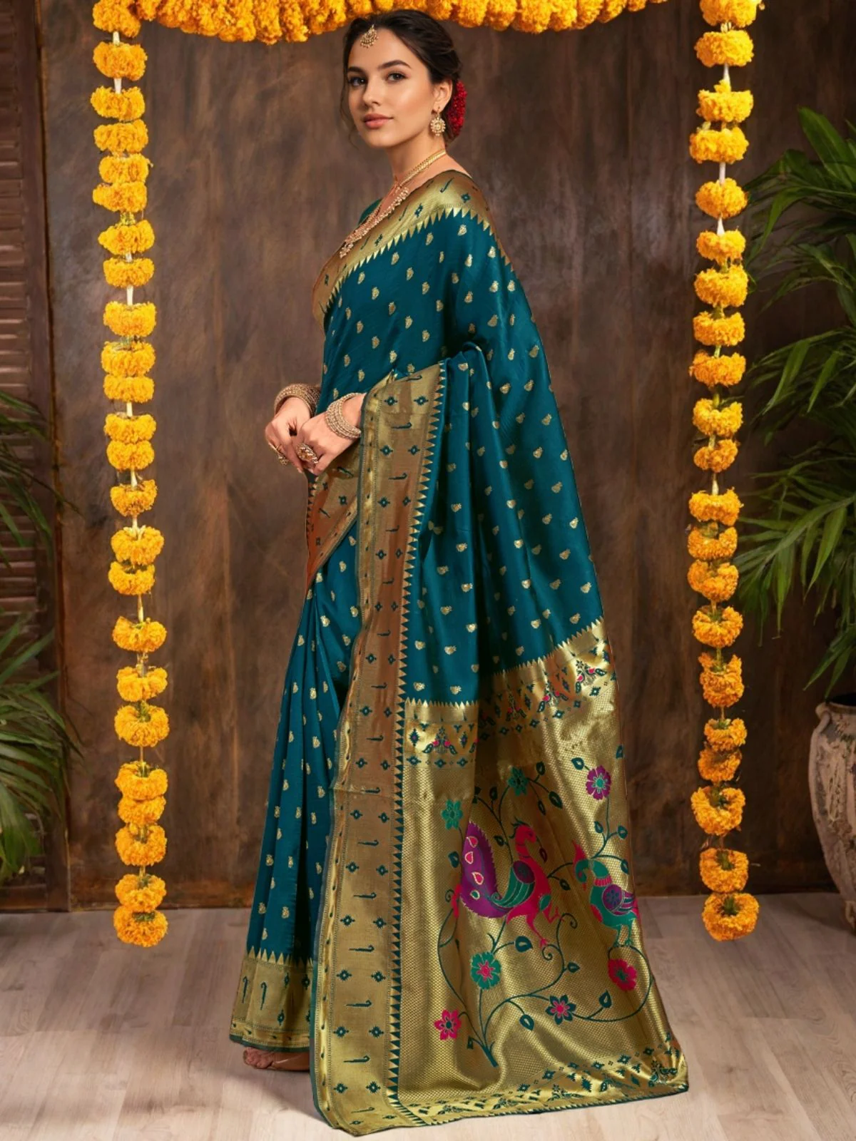 Odette Deep Teal Green Silk Blend Woven Pithani Saree For Women - Image 2