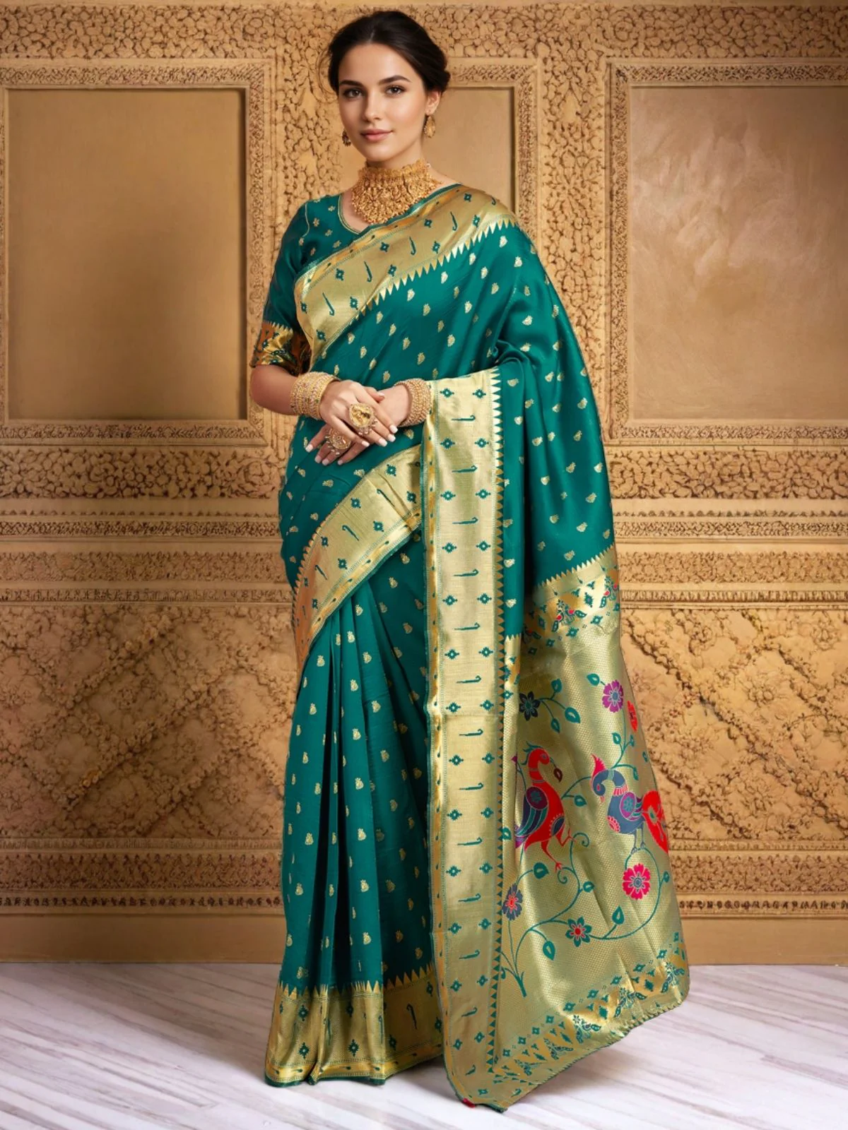 Odette Deep Teal Green Silk Blend Woven Pithani Saree For Women