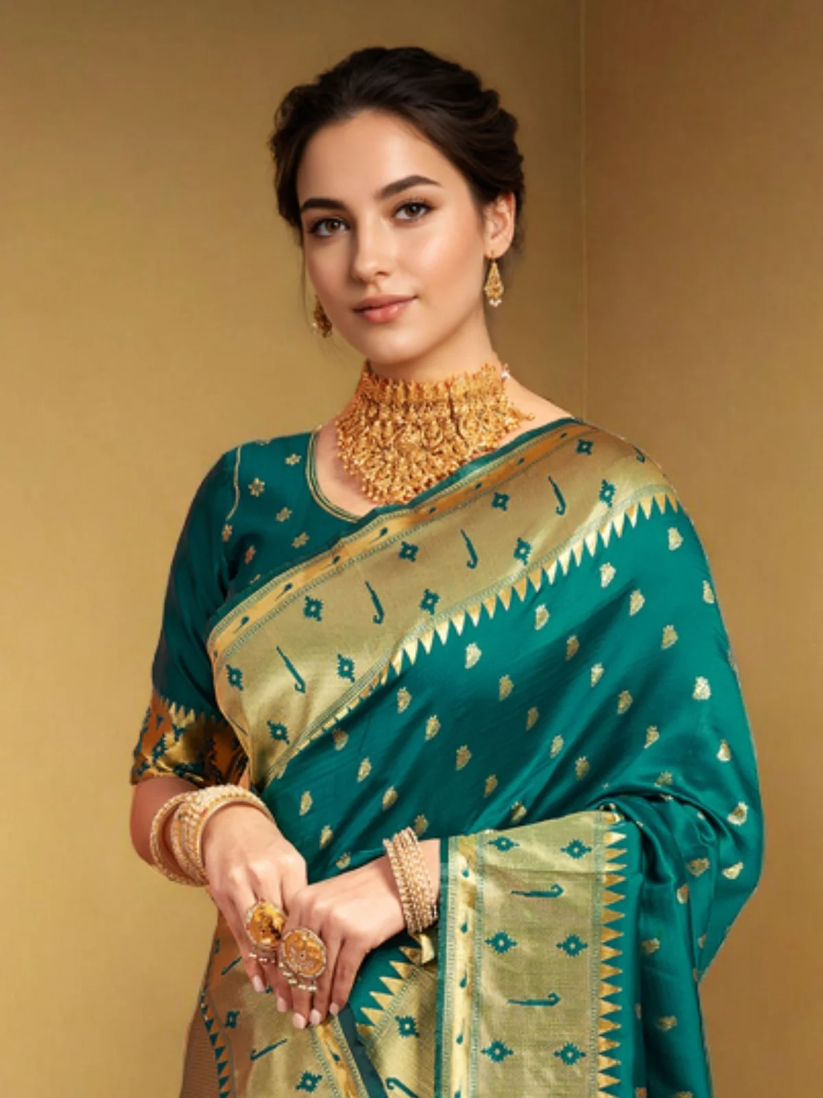 Odette Deep Teal Green Silk Blend Woven Pithani Saree For Women - Image 3