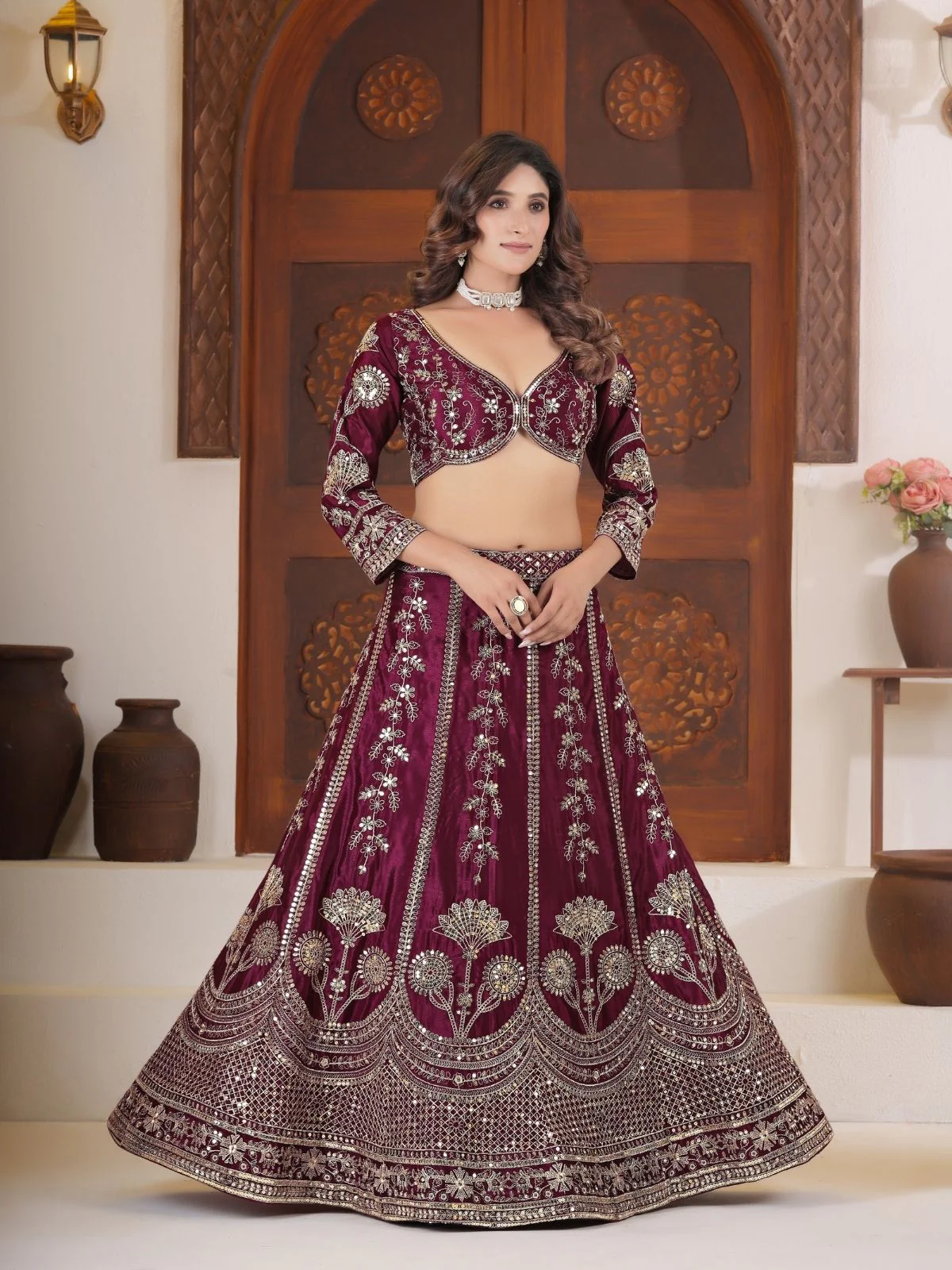 Odette Deep Wine Silk Blend Embellished Semi Stitched Lehenga For Women - Image 3