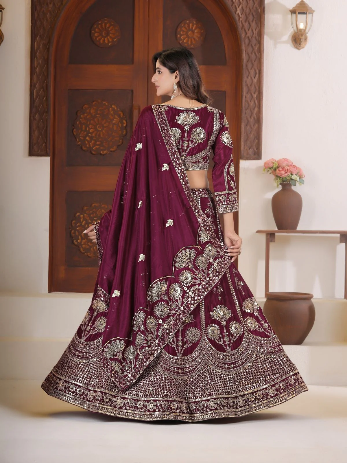 Odette Deep Wine Silk Blend Embellished Semi Stitched Lehenga For Women - Image 4
