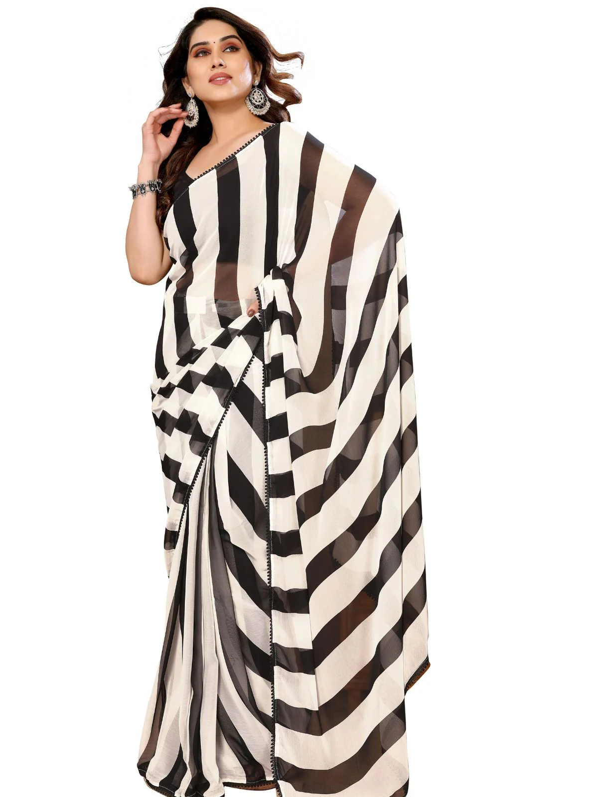 Odette Designer Black and White Printed Ready-to-Wear Saree with Unstitched Blouse for Women - Image 2