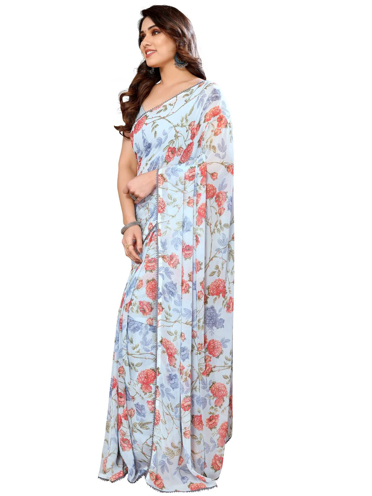 Odette Designer Blue Printed Ready-to-Wear Saree with Unstitched Blouse for Women - Image 3