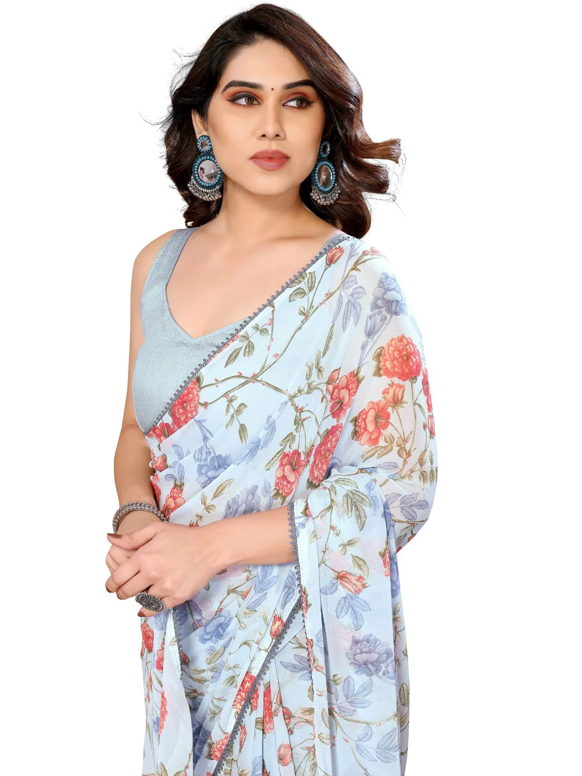Odette Designer Blue Printed Ready-to-Wear Saree with Unstitched Blouse for Women - Image 5