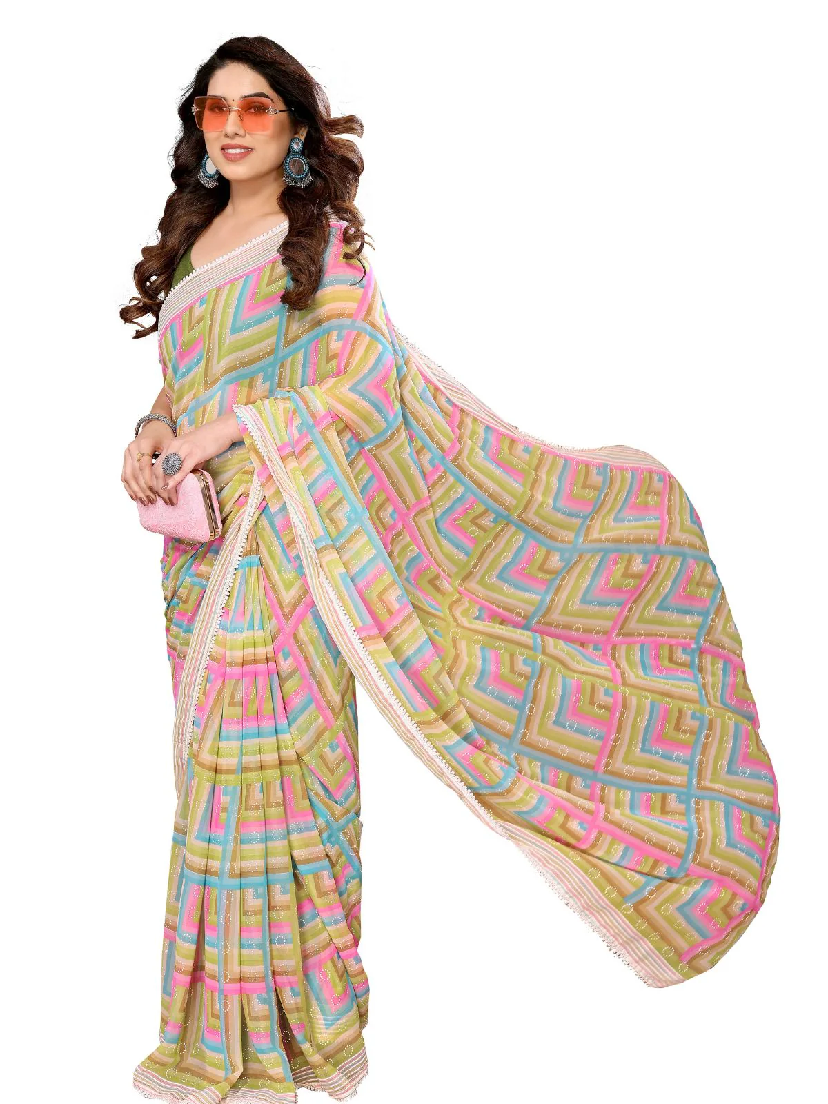 Odette Designer Green Printed Ready-to-Wear Saree with Unstitched Blouse for Women - Image 2