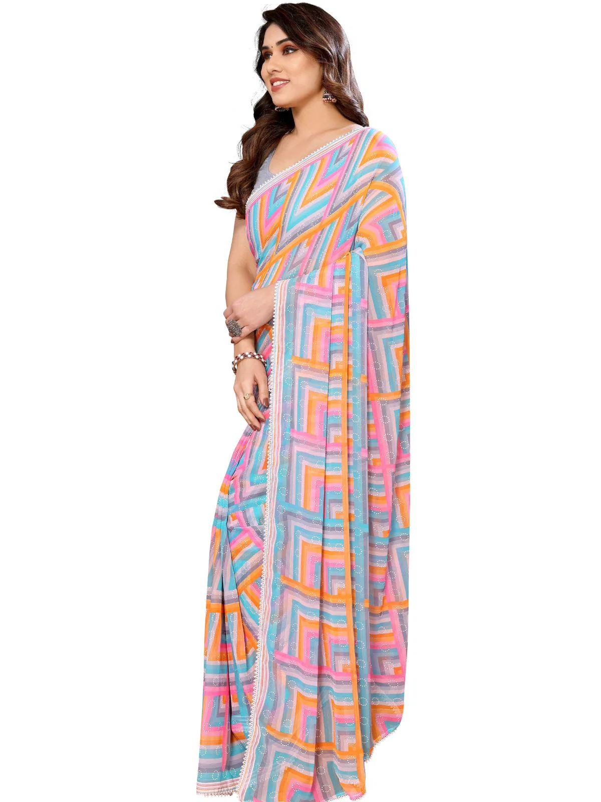 Odette Designer Multicolor Printed Ready-to-Wear Saree with Unstitched Blouse for Women - Image 3