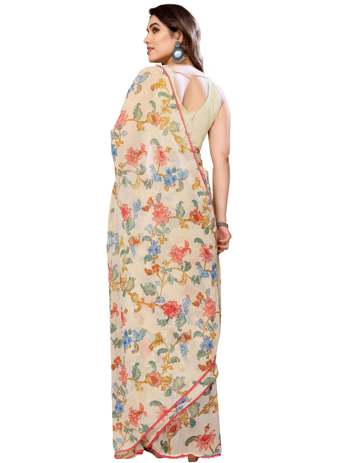 Odette Designer Off White Printed Ready-to-Wear Saree with Unstitched Blouse for Women - Image 3
