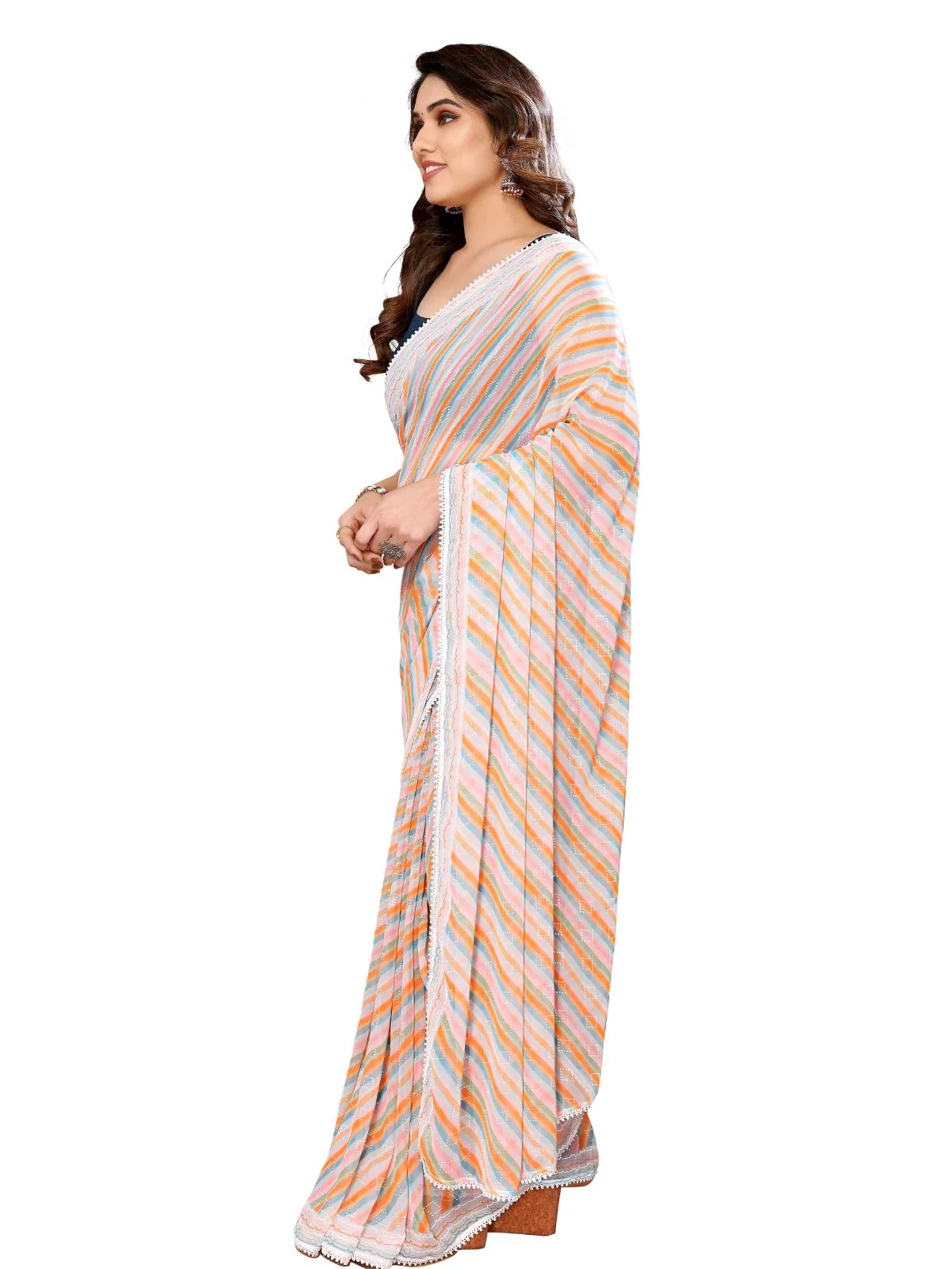 Odette Designer Orange Printed Ready-to-Wear Saree with Unstitched Blouse for Women - Image 3
