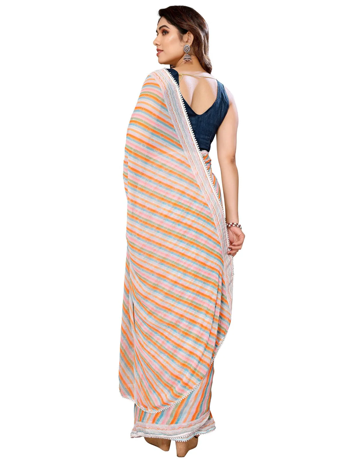 Odette Designer Orange Printed Ready-to-Wear Saree with Unstitched Blouse for Women - Image 4