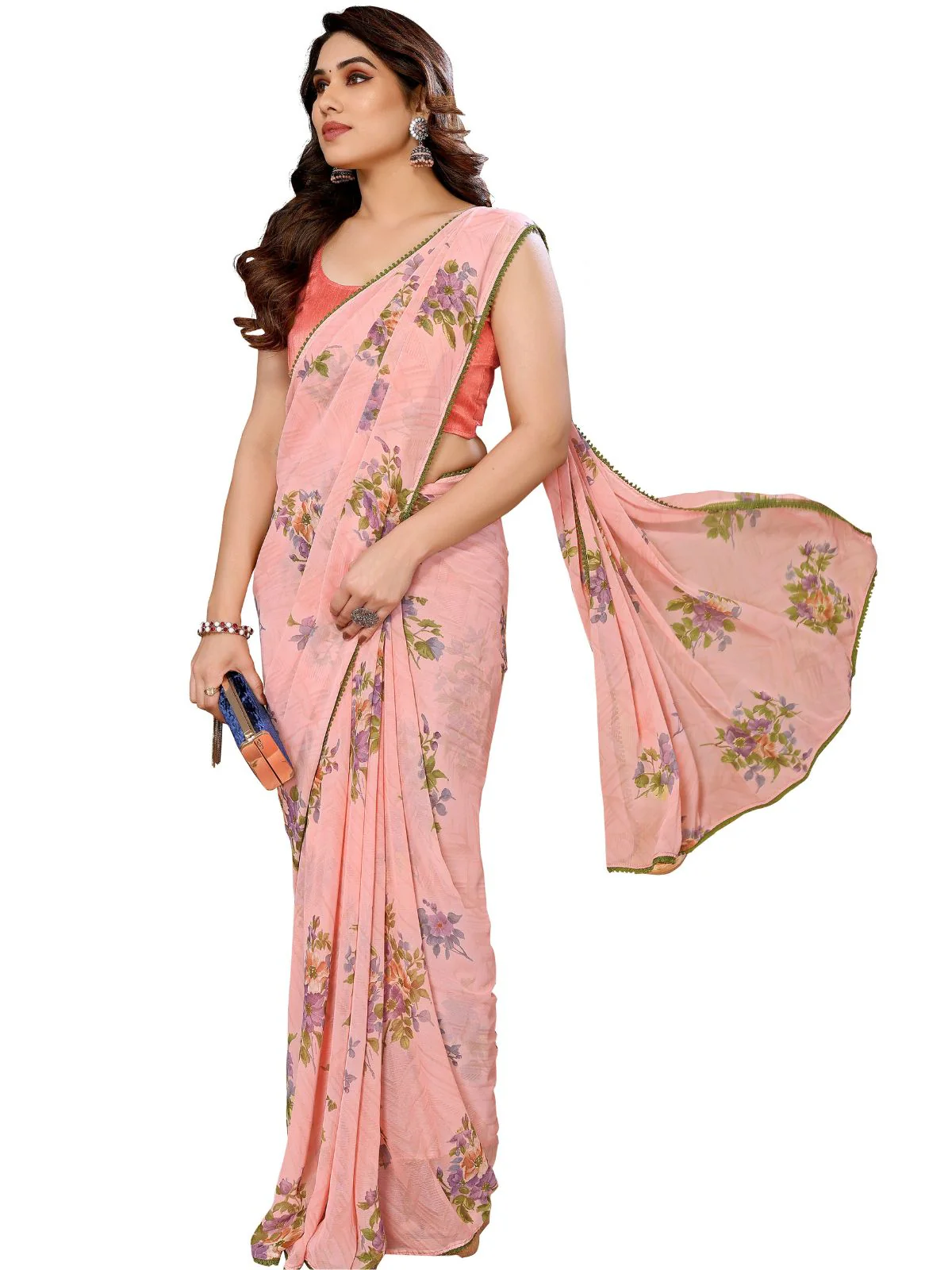 Odette Designer Peach Printed Ready-to-Wear Saree with Unstitched Blouse for Women - Image 2