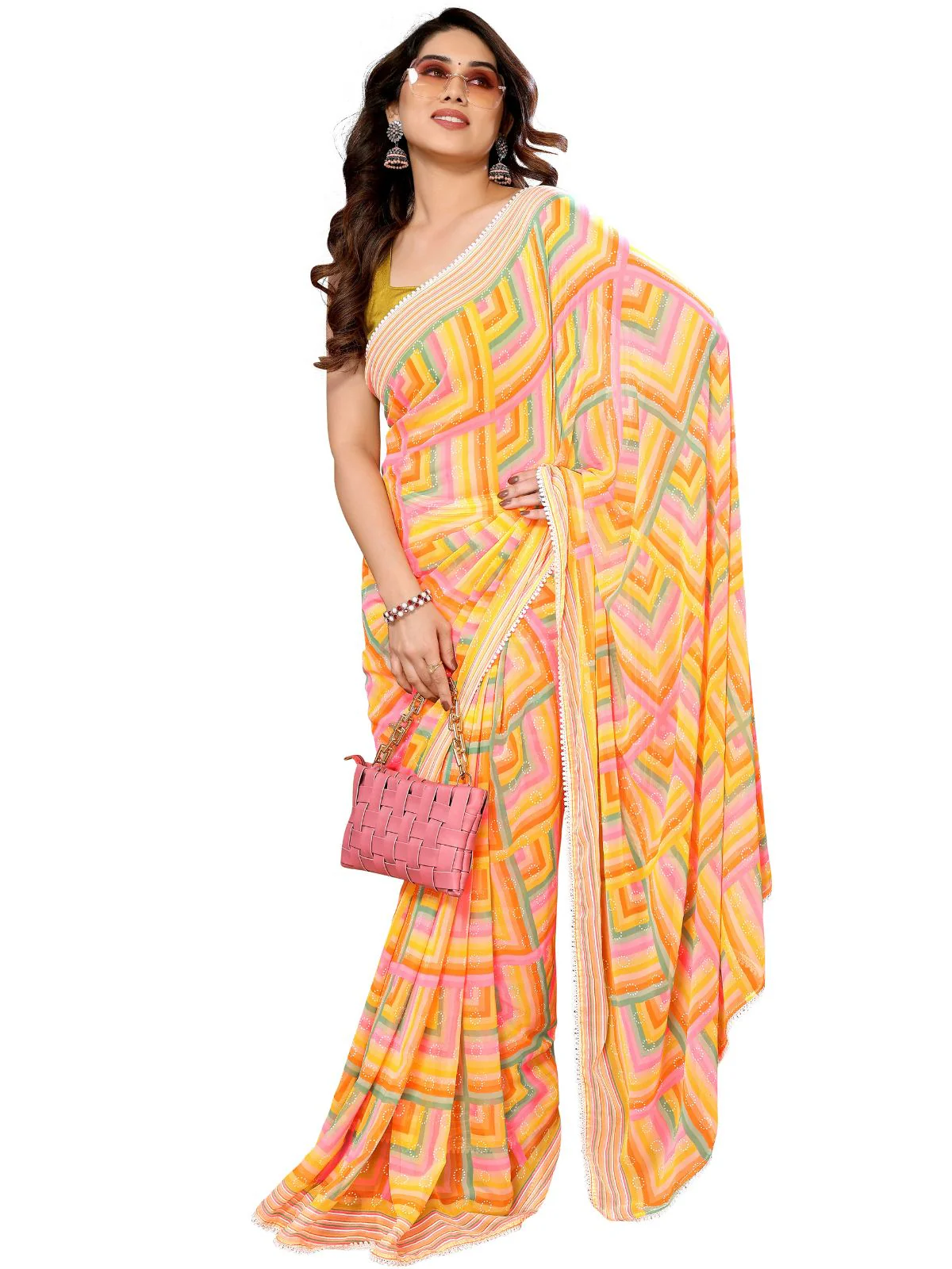 Odette Designer Yellow Printed Ready-to-Wear Saree with Unstitched Blouse for Women - Image 2