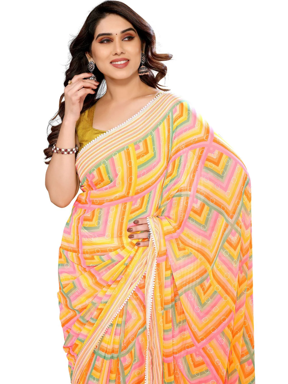 Odette Designer Yellow Printed Ready-to-Wear Saree with Unstitched Blouse for Women - Image 5