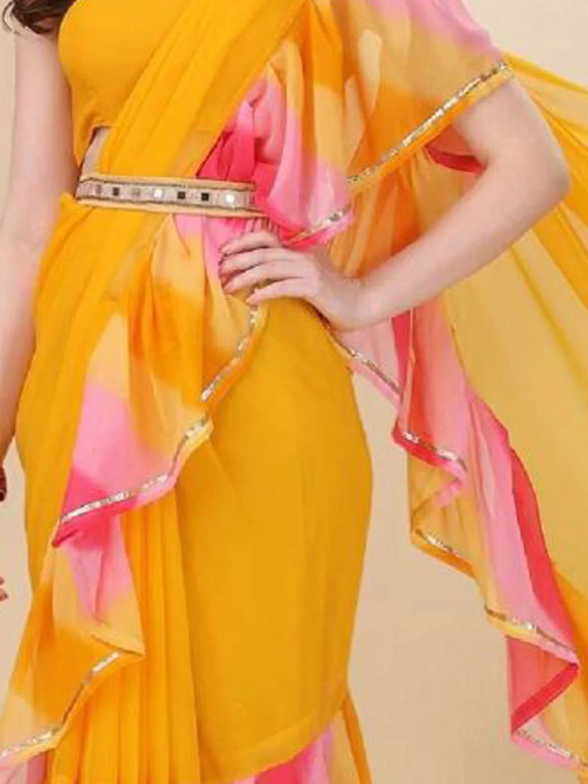 Odette Designer Yellow Printed Ruffle Saree with Unstitched Blouse for Women - Image 4