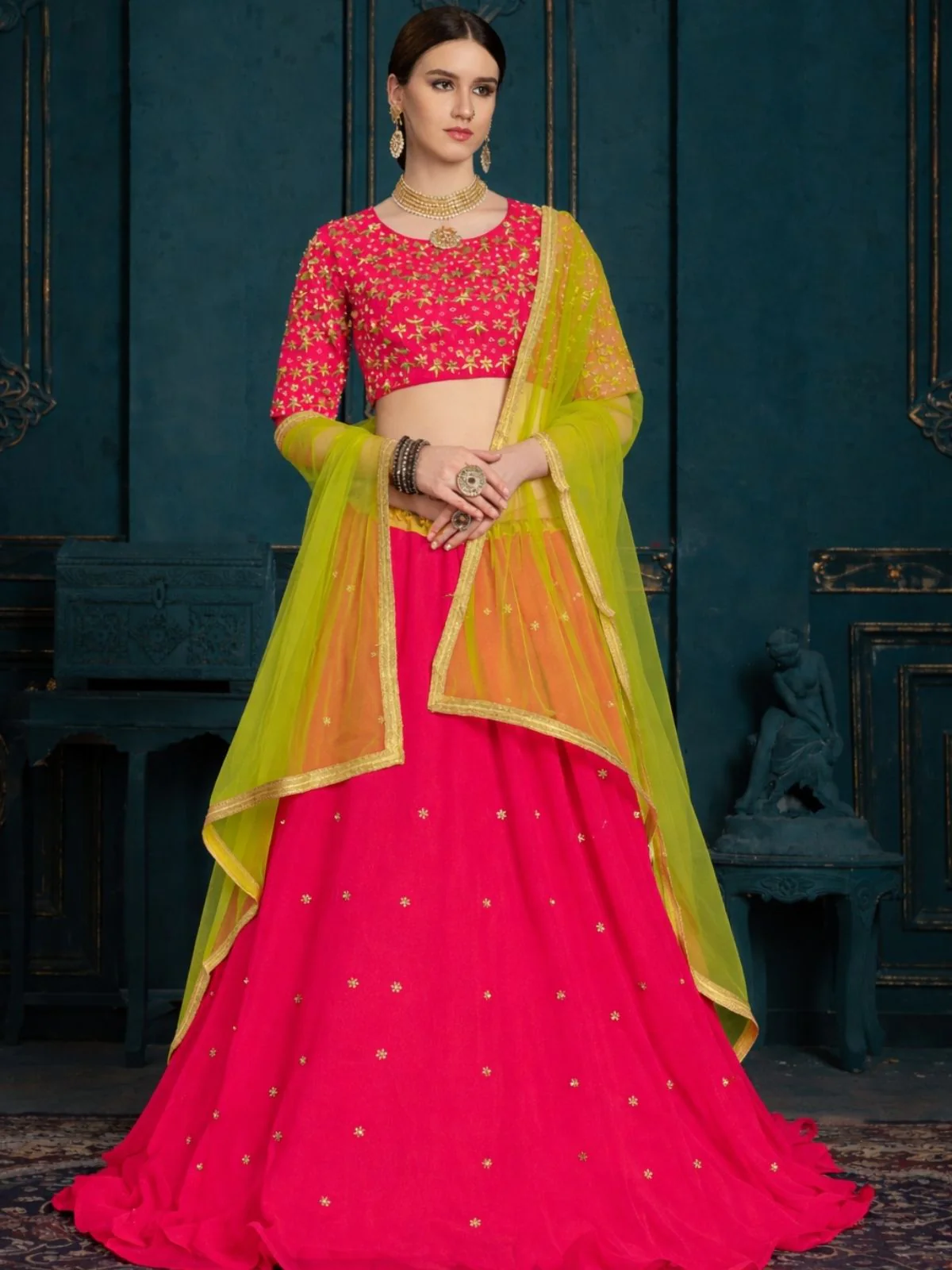 Odette Dark Pink Georgette Embroidered Lehenga For Women