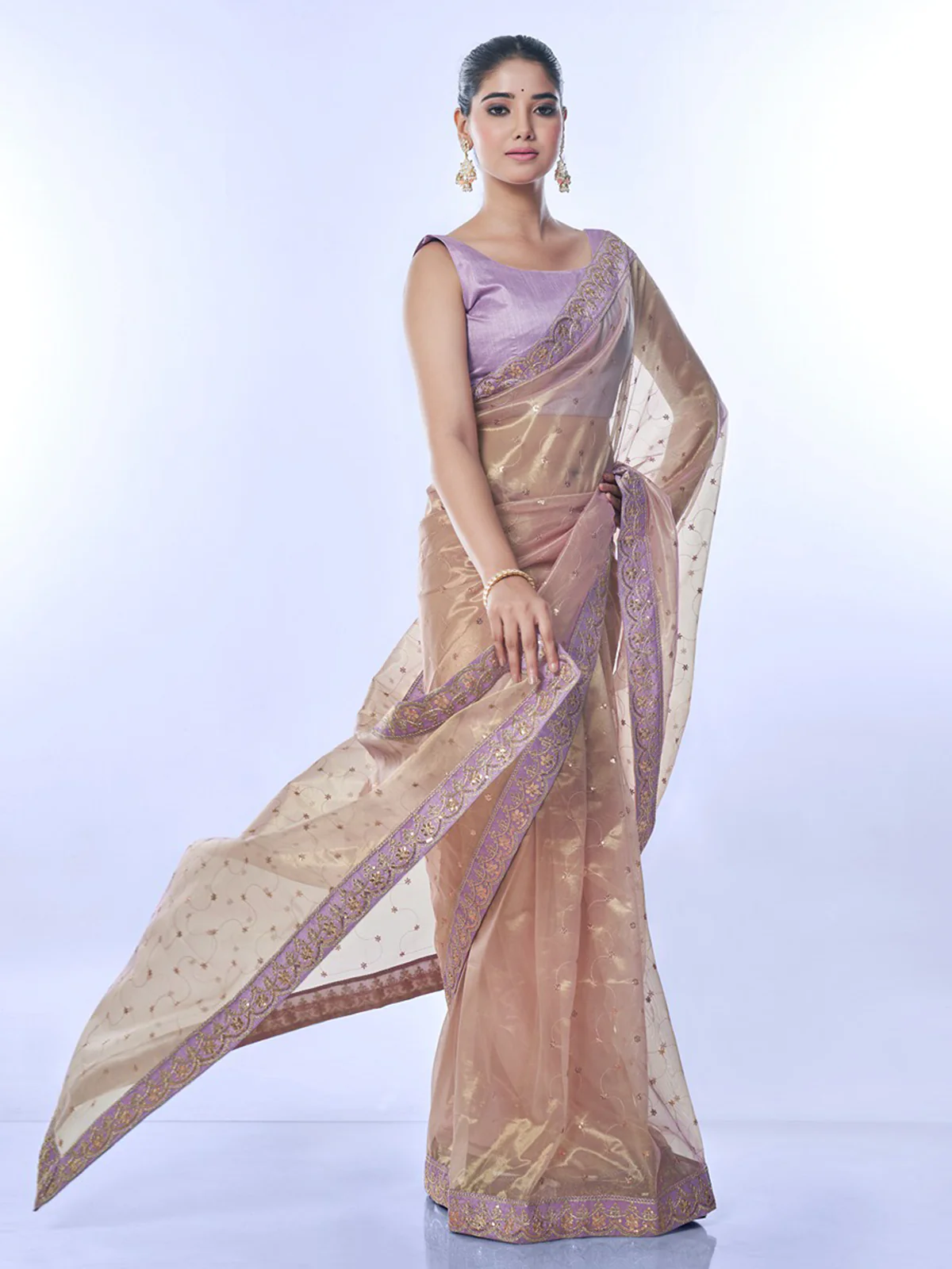 Odette Dusky Pink Embellished Net Saree With Unstitched Blouse For Women - Image 3