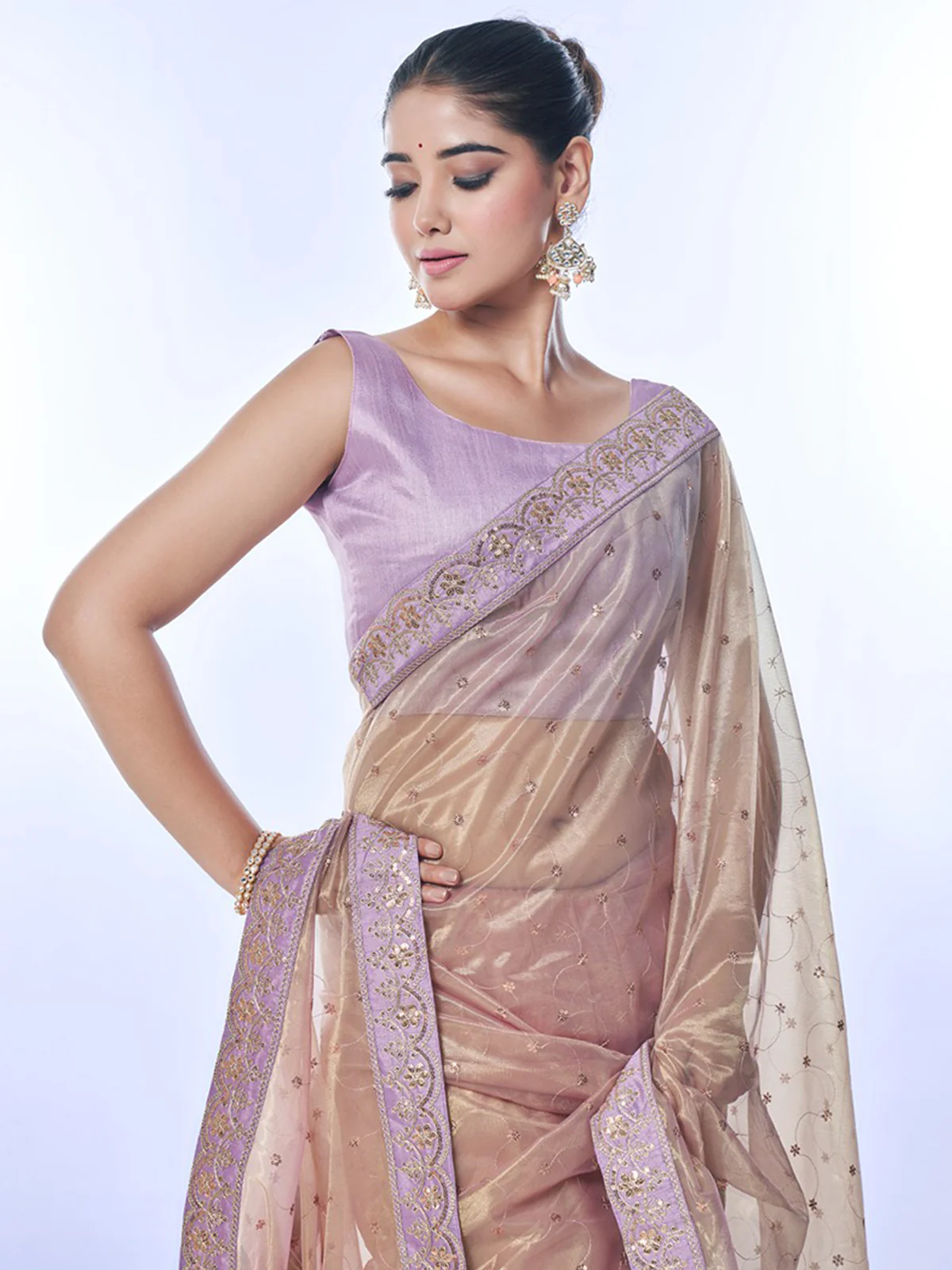 Odette Dusky Pink Embellished Net Saree With Unstitched Blouse For Women - Image 5