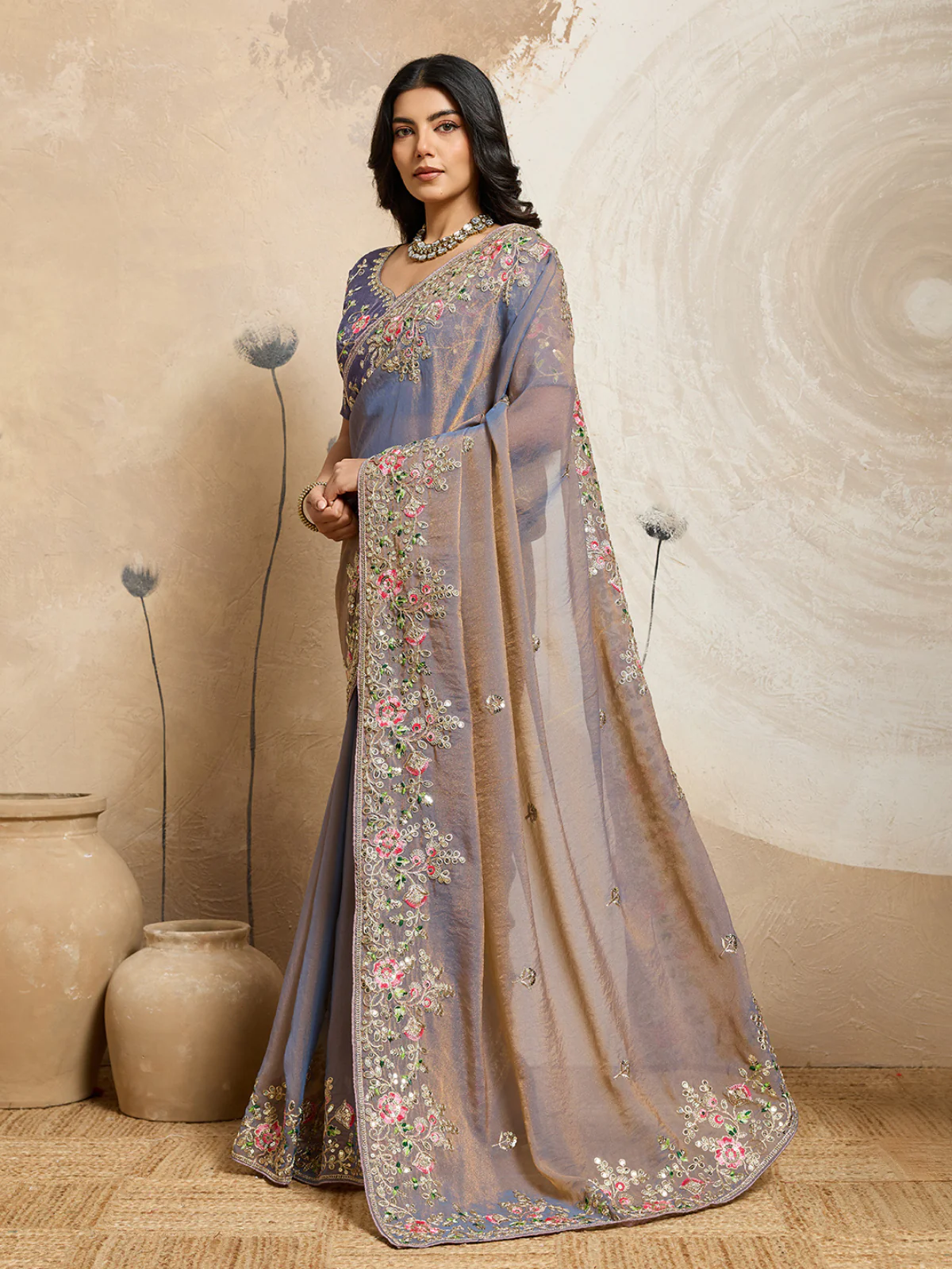 Odette Dusty Blue Chiffon Embroidered Saree For Women - Image 2