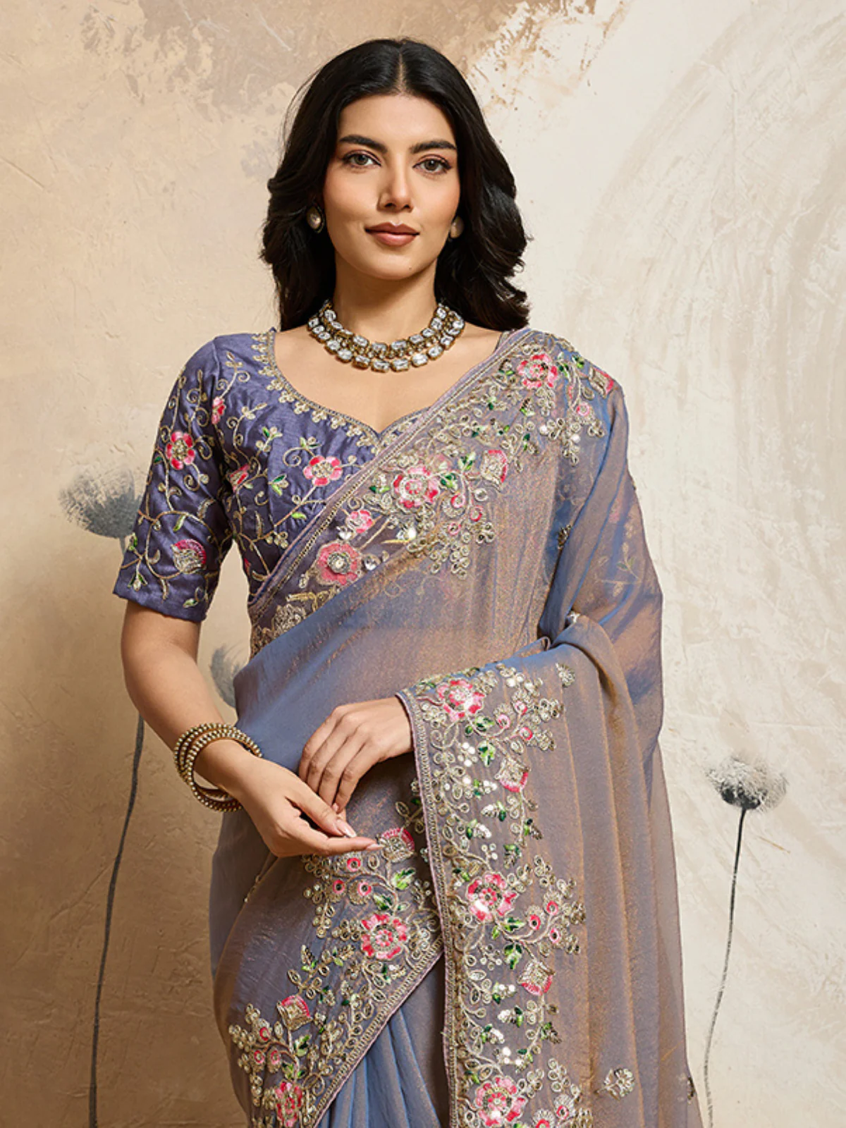 Odette Dusty Blue Chiffon Embroidered Saree For Women - Image 4