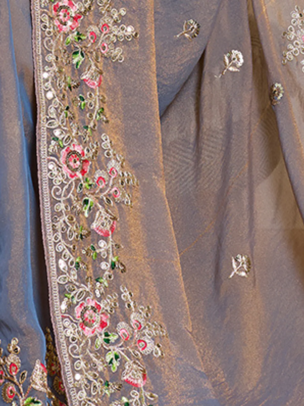 Odette Dusty Blue Chiffon Embroidered Saree For Women - Image 5