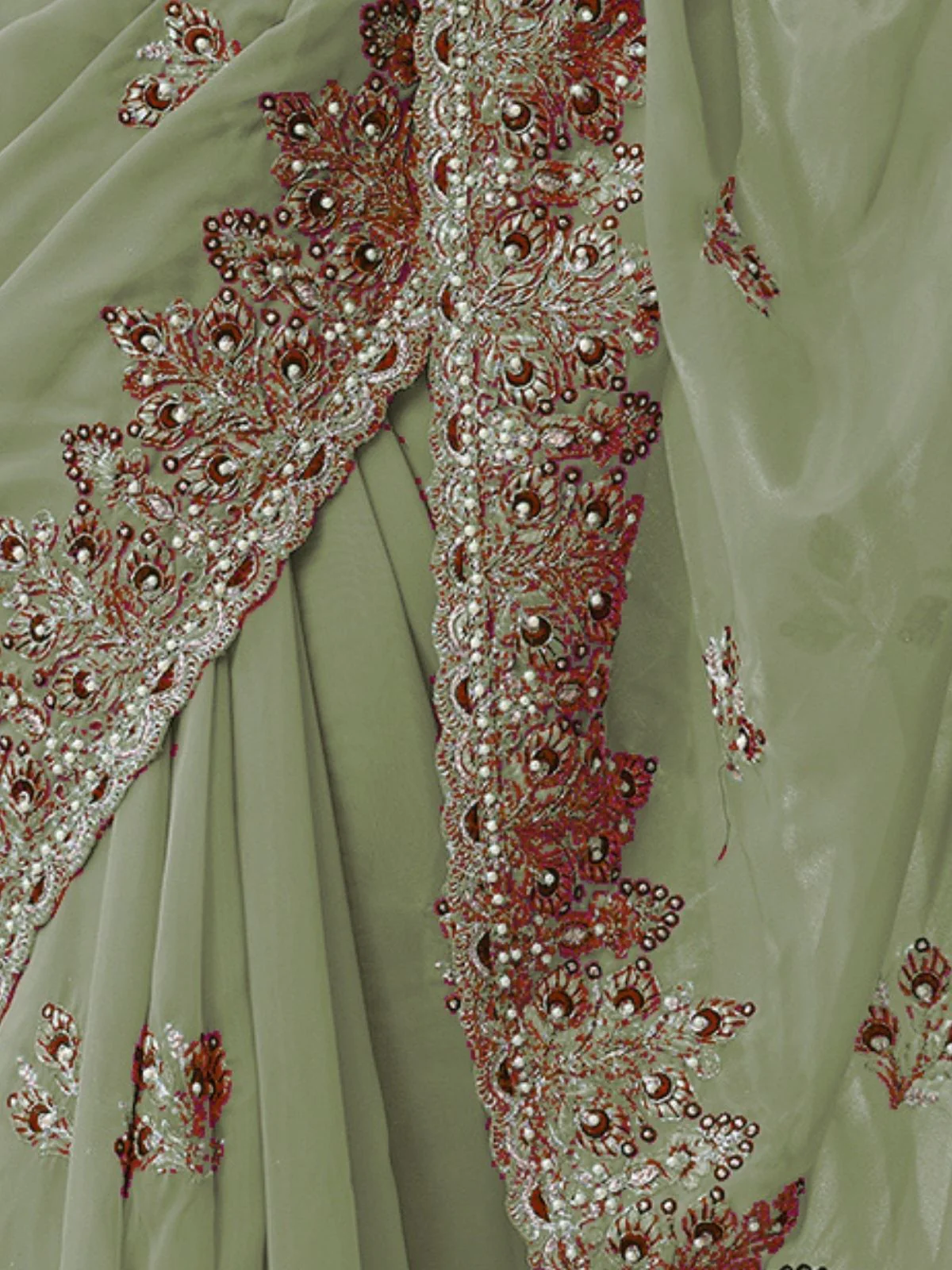 Odette Dusty Green Georgette Embellished Elegant Saree For Women - Image 4