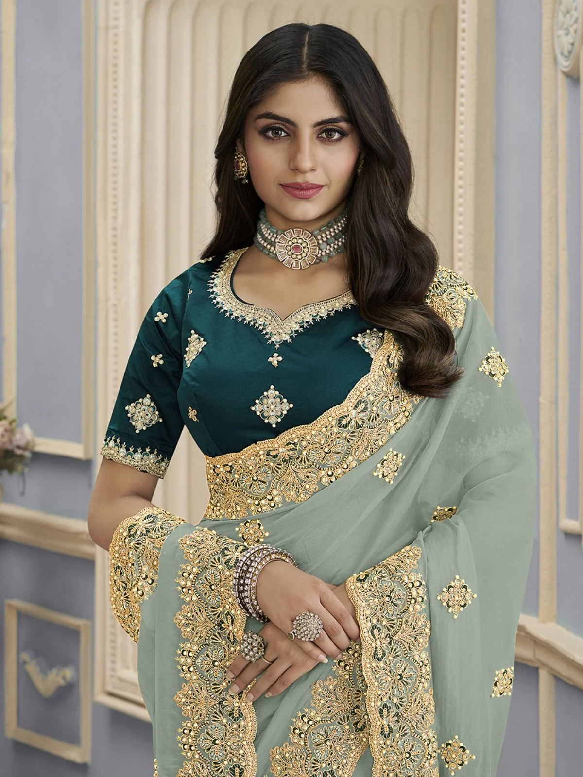 Odette Dusty Green Georgette Embellished Elegant Saree For Women - Image 2