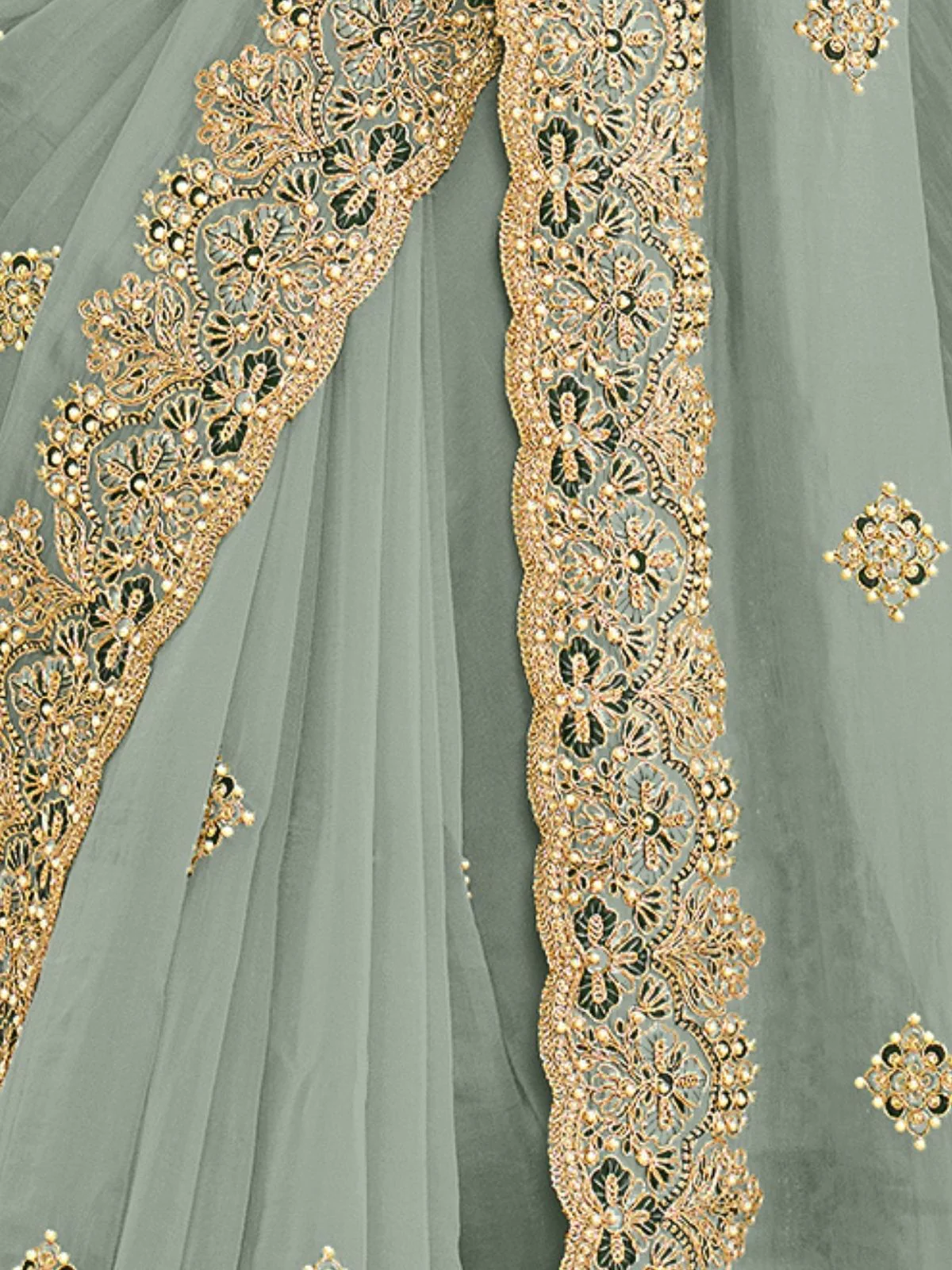 Odette Dusty Green Georgette Embellished Elegant Saree For Women - Image 4
