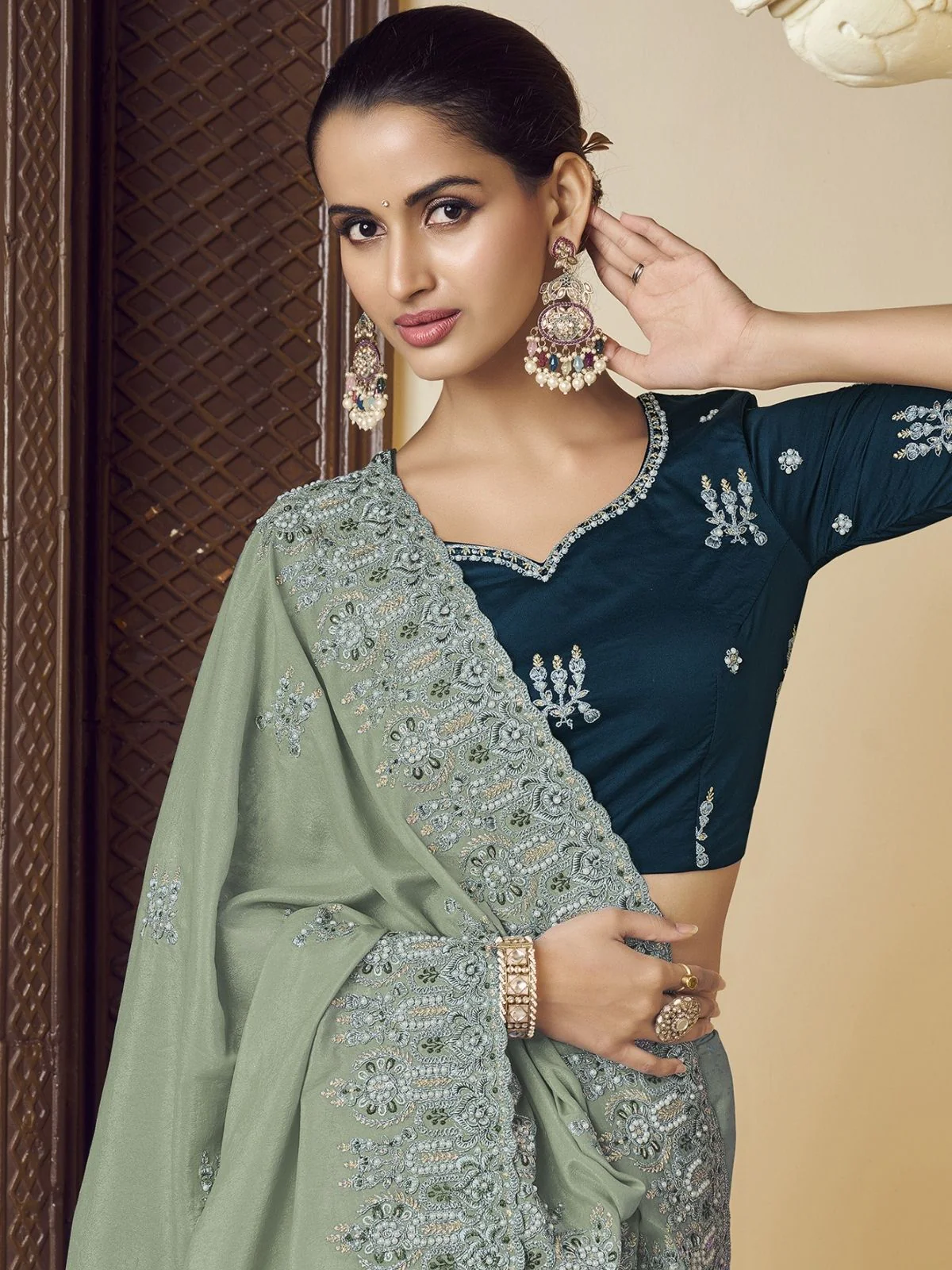 Odette Dusty Green Georgette Embroidered Elegant Saree For Women - Image 3
