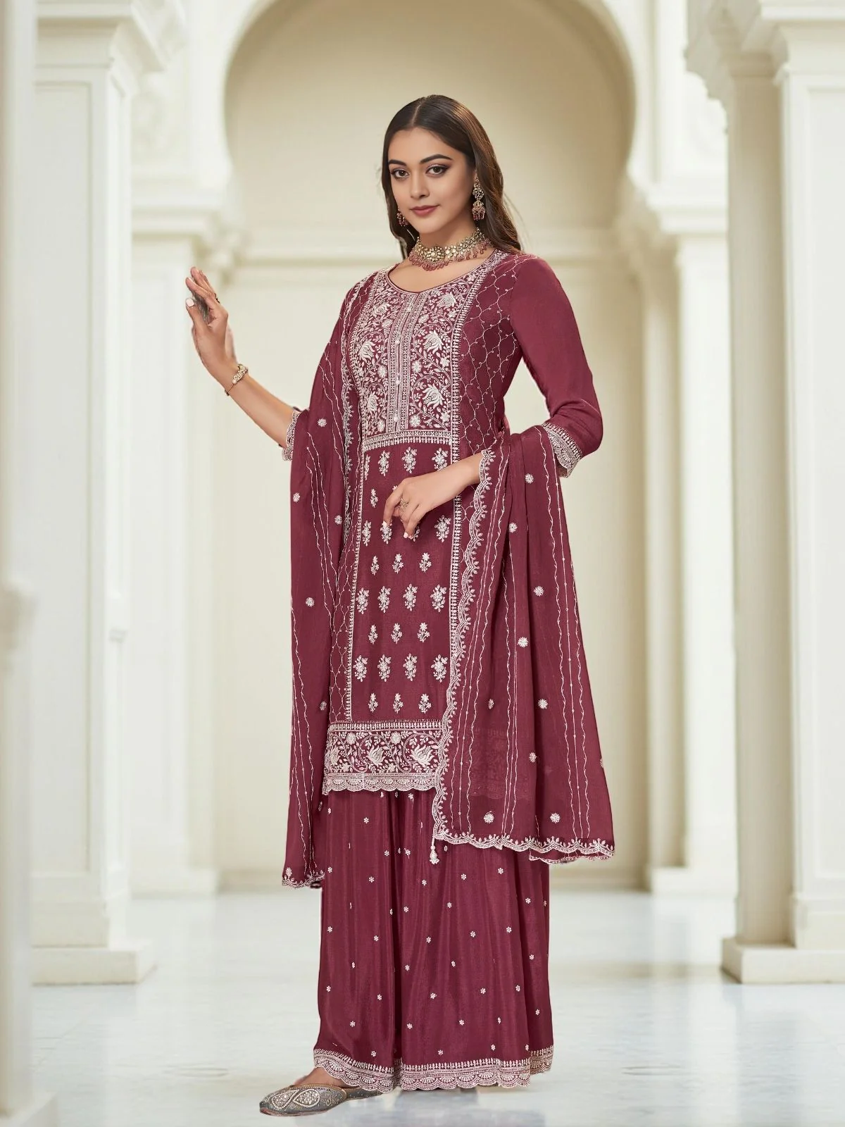 Odette Dusty Maroon Chinon Embroidered Stitched Kurta Set For Women