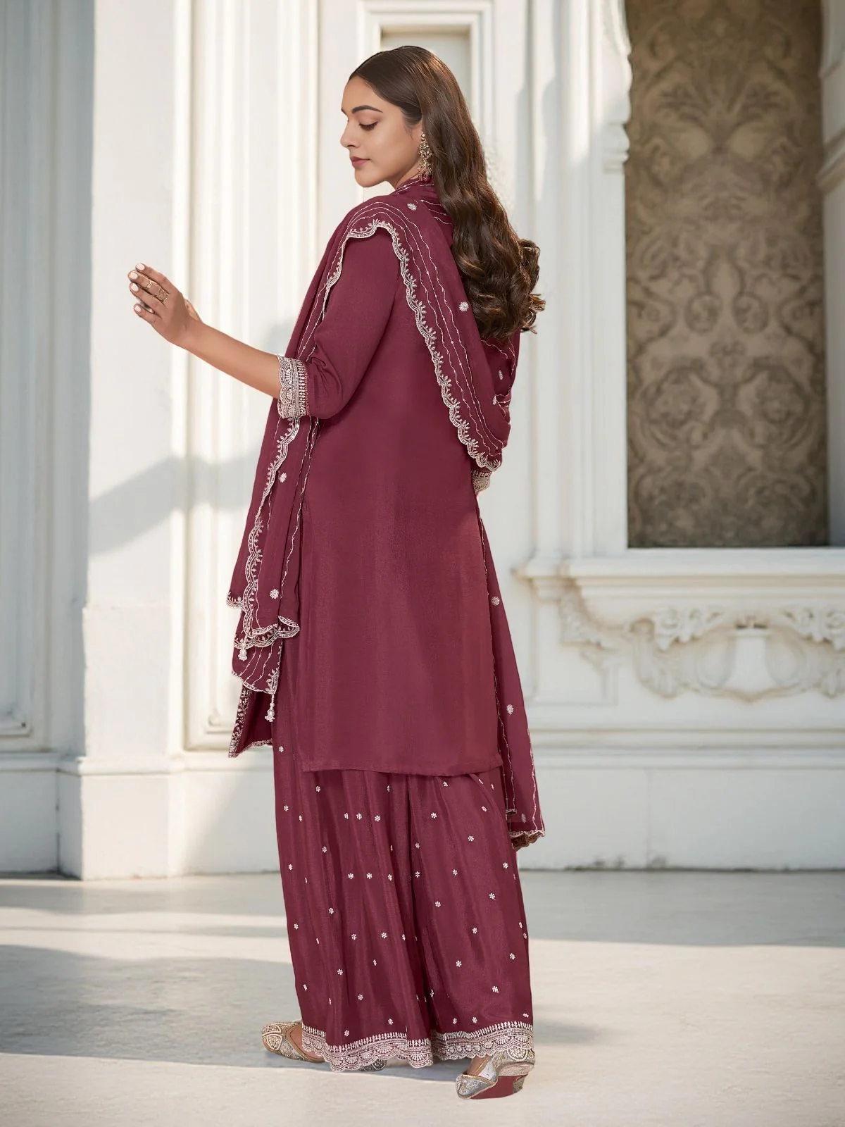 Odette Dusty Maroon Chinon Embroidered Stitched Kurta Set For Women - Image 3
