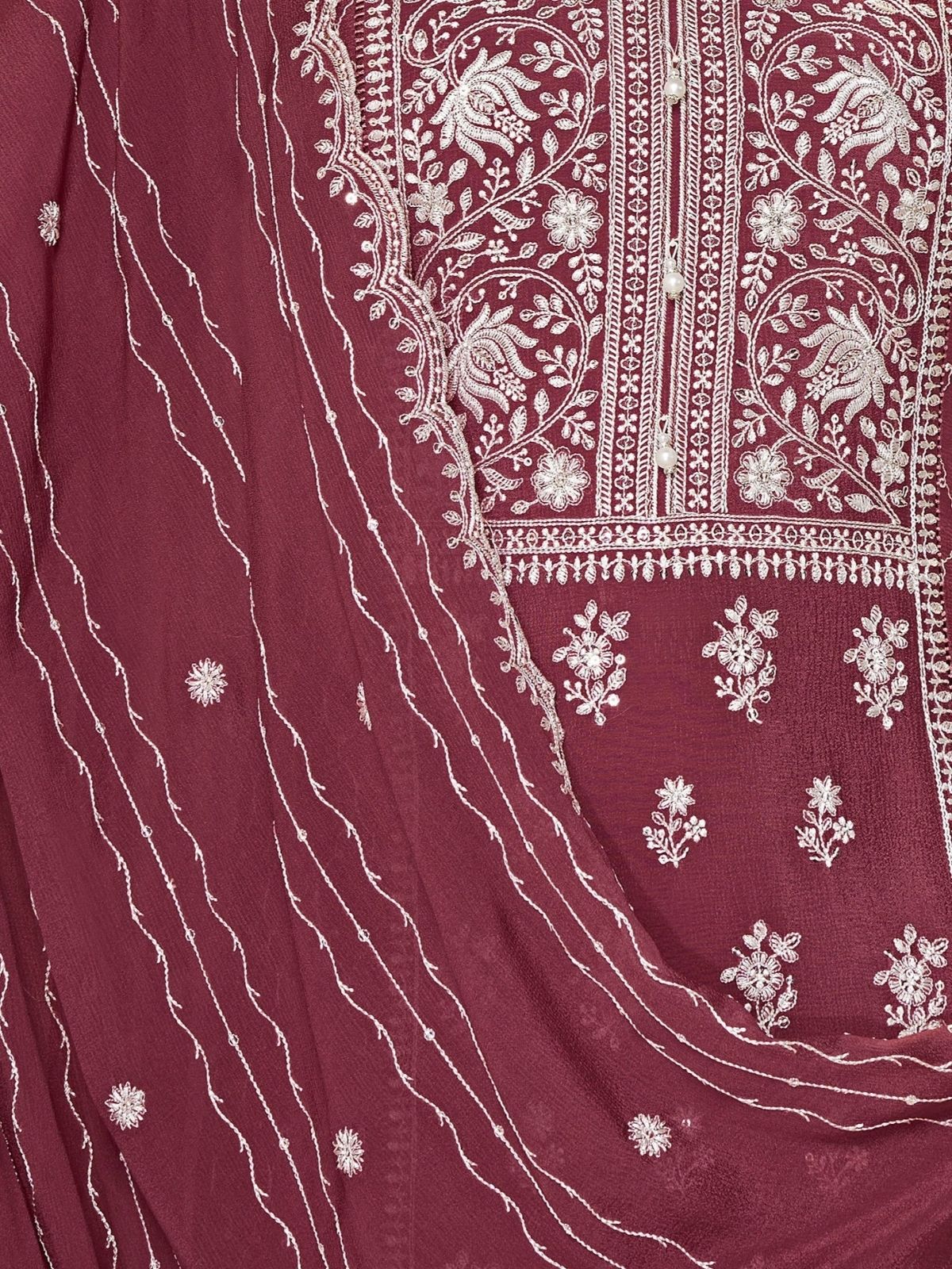 Odette Dusty Maroon Chinon Embroidered Stitched Kurta Set For Women - Image 4
