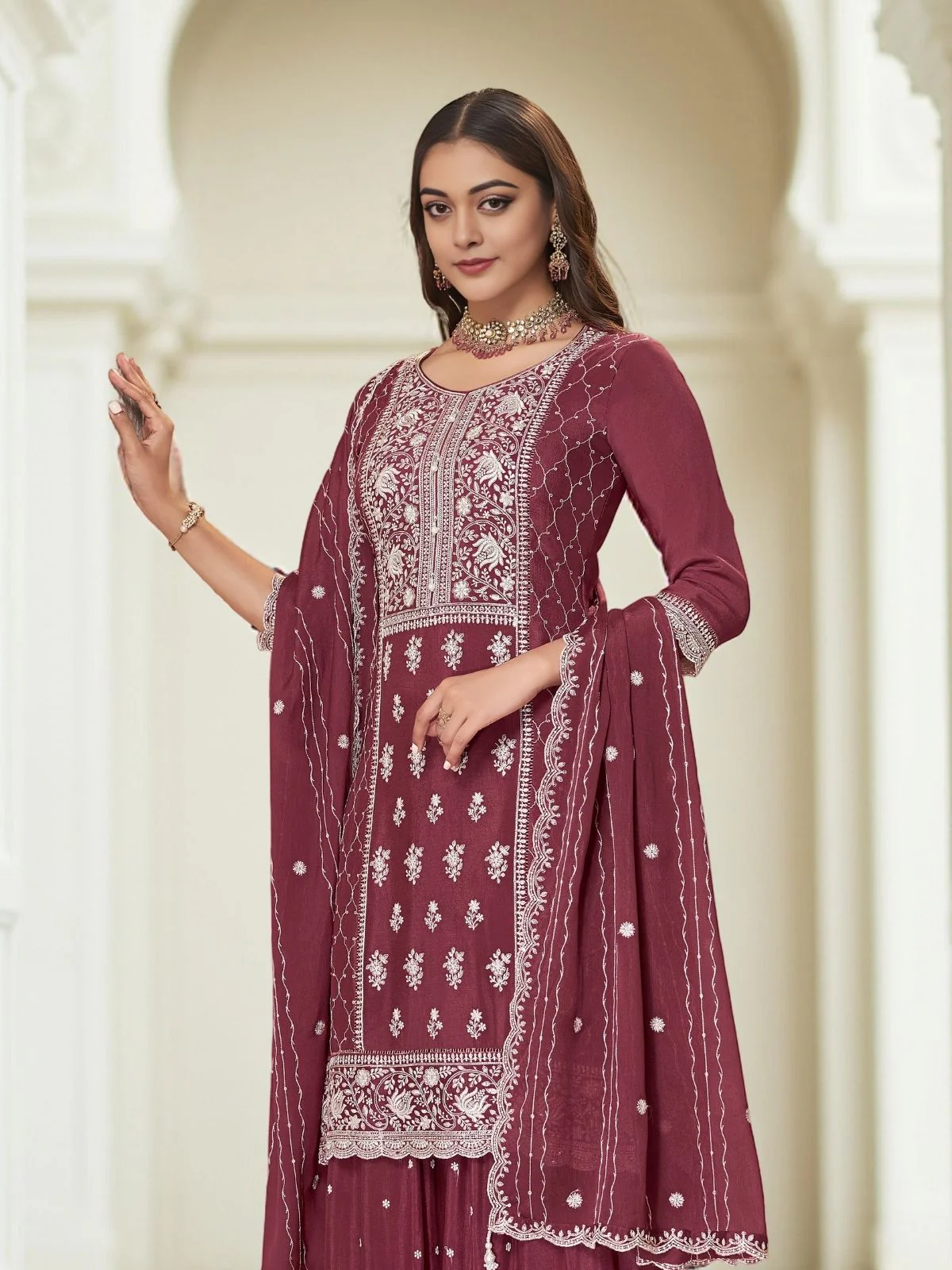 Odette Dusty Maroon Chinon Embroidered Stitched Kurta Set For Women - Image 5