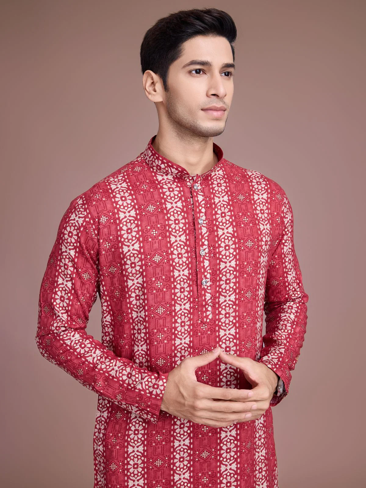 Odette Red Rayon Printed Stitched Kurta For Men - Image 6