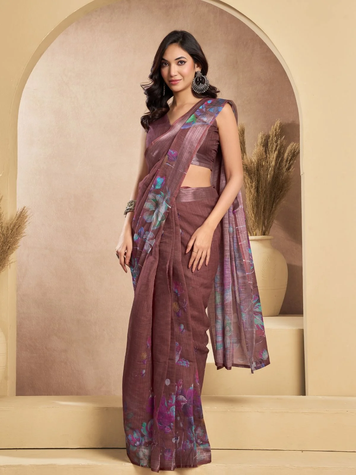 Odette Dusty mauve Cotton Linen Zari Work Saree For Women - Image 3