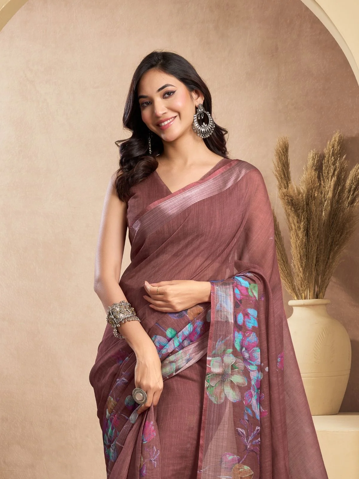 Odette Dusty mauve Cotton Linen Zari Work Saree For Women - Image 5