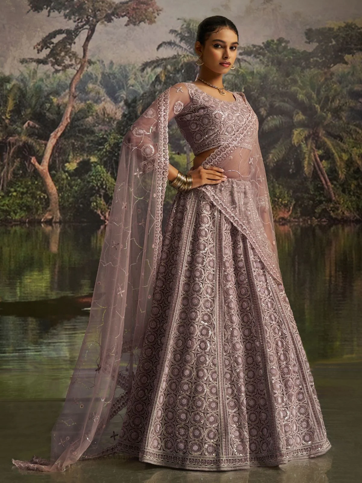 Odette Dusty Mauve Net Embellished Semi-Stitched Lehenga For Women - Image 3