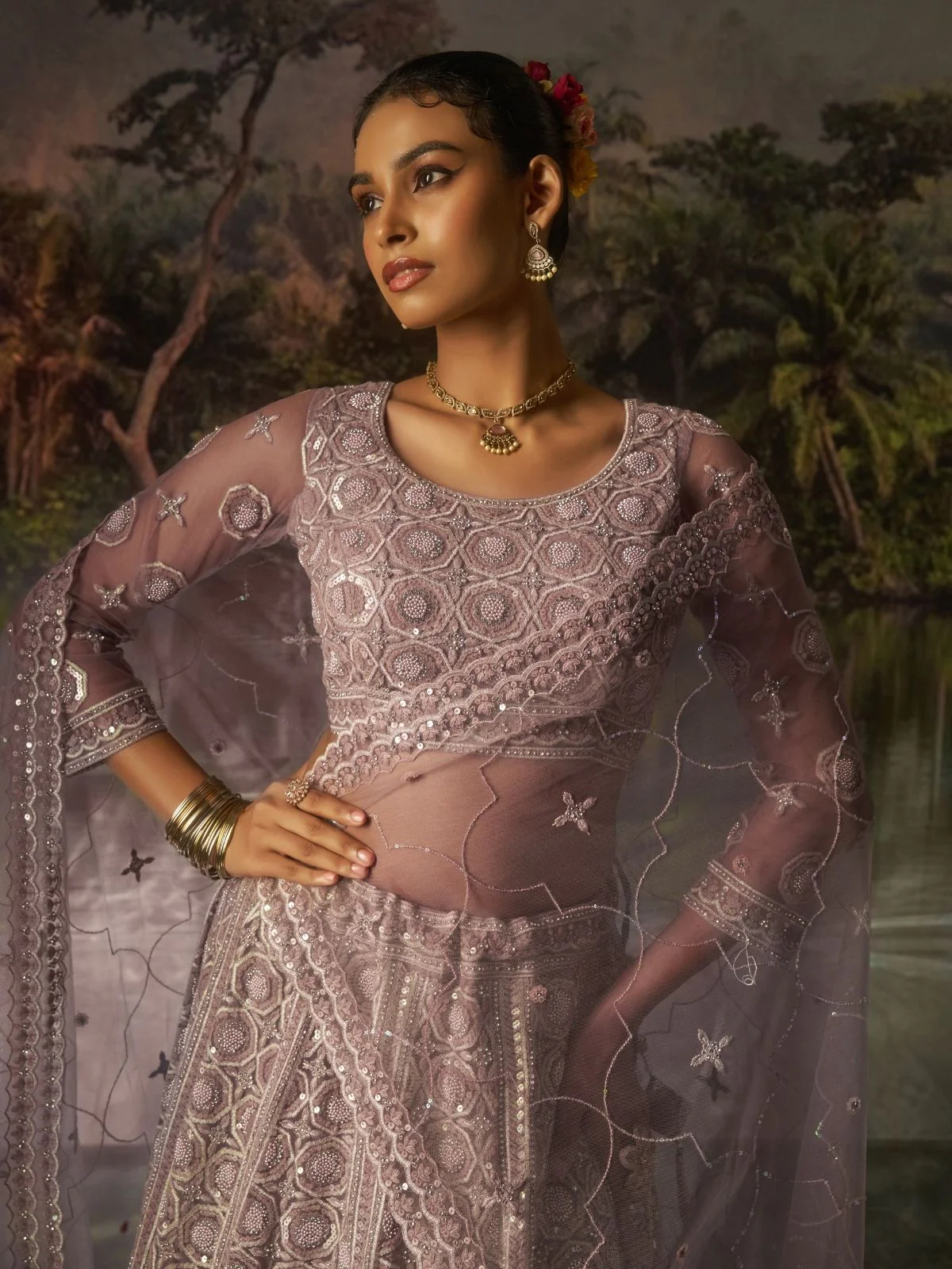 Odette Dusty Mauve Net Embellished Semi-Stitched Lehenga For Women - Image 5