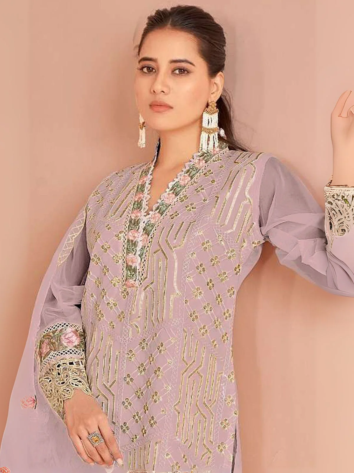 Odette Dusty Mauve Organza Embellished Semi-Stitched Kurta Set For Women - Image 2