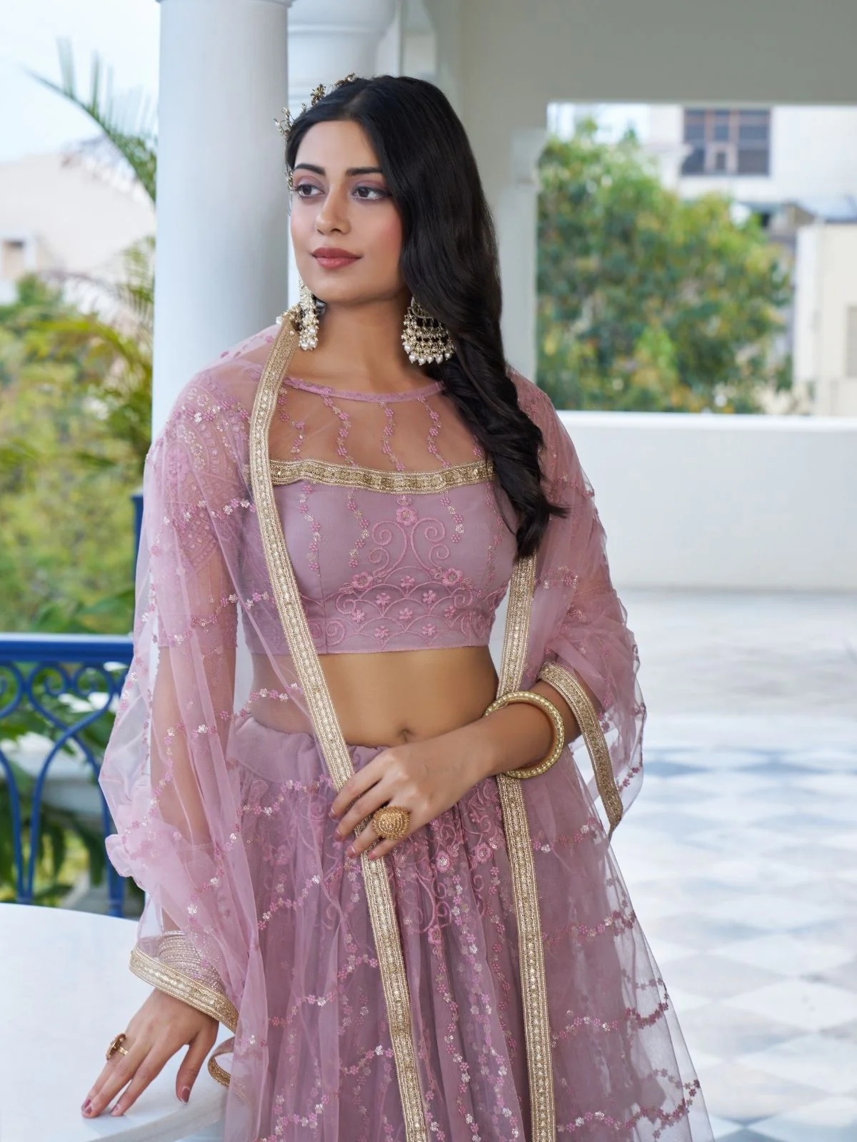 Odette Dusty Pink Net Embroidered Semi Stitched Lehenga For Women - Image 4