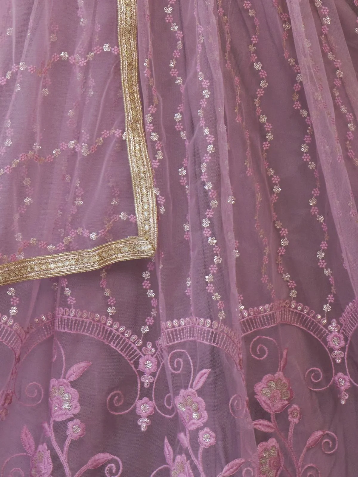 Odette Dusty Pink Net Embroidered Semi Stitched Lehenga For Women - Image 5