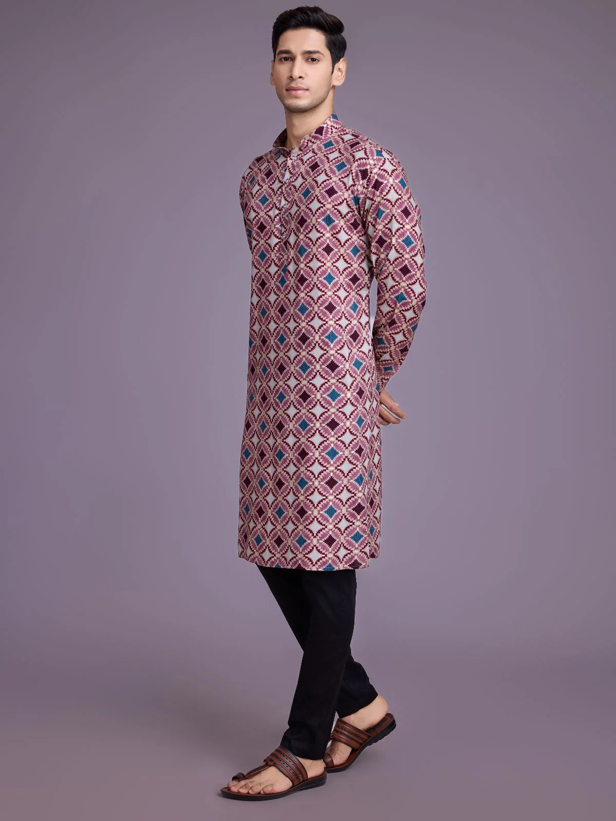Odette Pink Rayon Printed Stitched Kurta For Men - Image 4