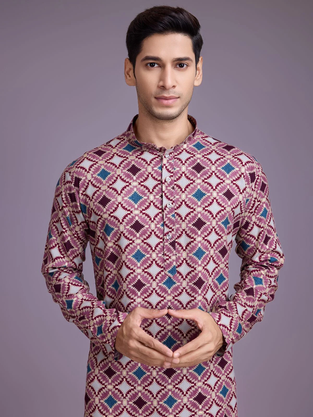 Odette Pink Rayon Printed Stitched Kurta For Men - Image 6