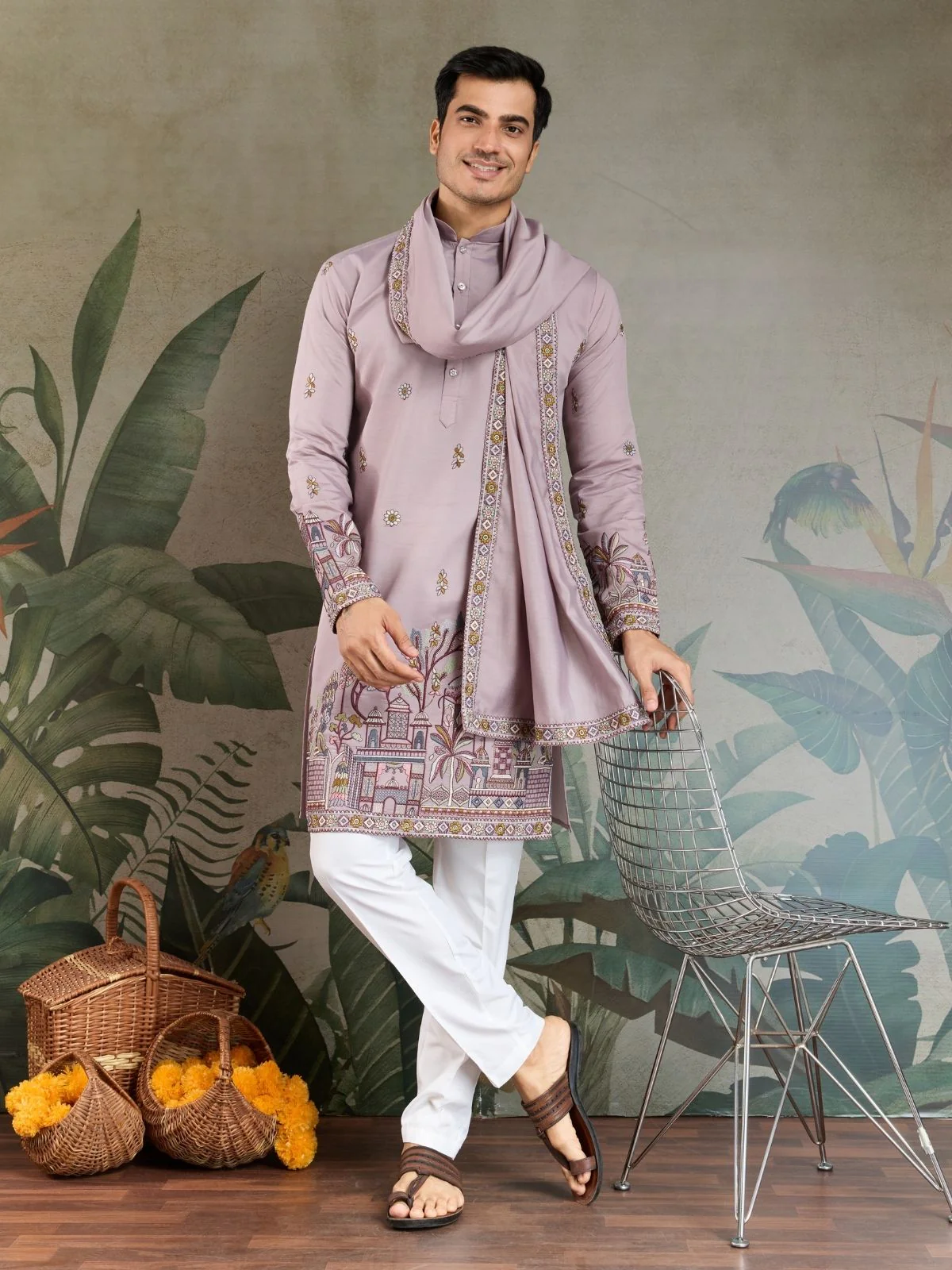 Odette Dusty Pink Viscose Silk Embroidered Stitched Kurta For Men